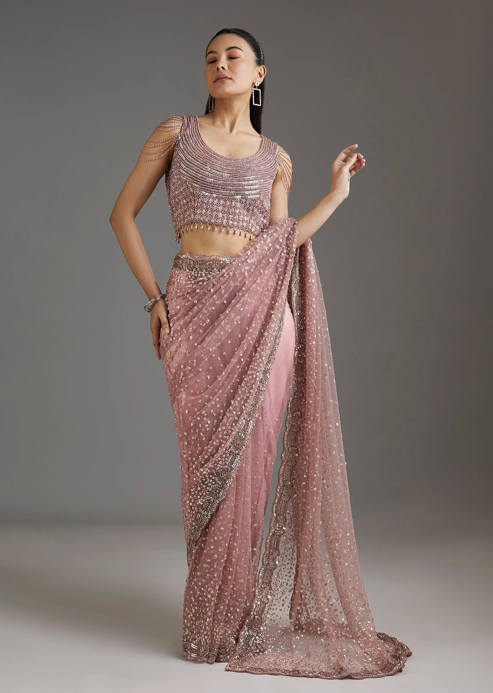 Mauve Net Embellished Saree With Sequins Blouse