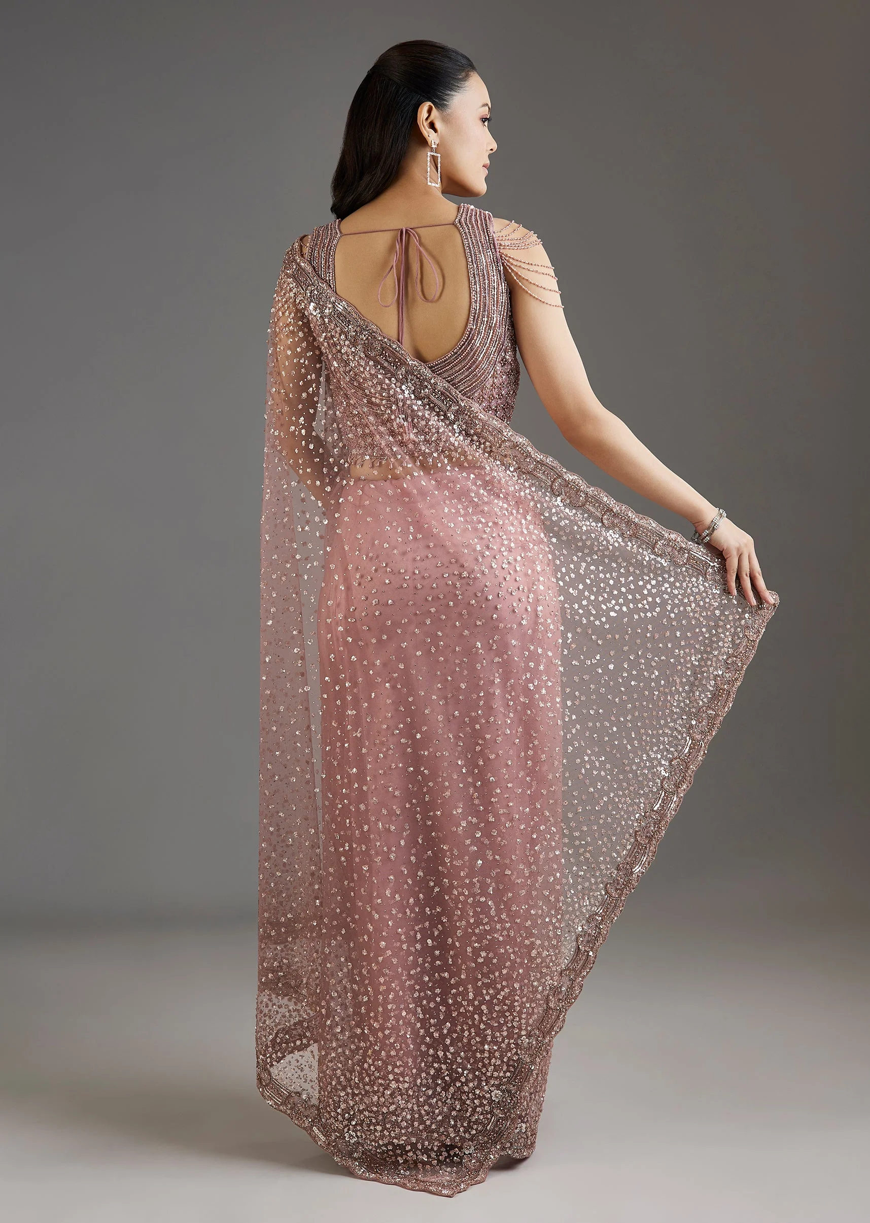 Mauve Net Embellished Saree With Sequins Blouse