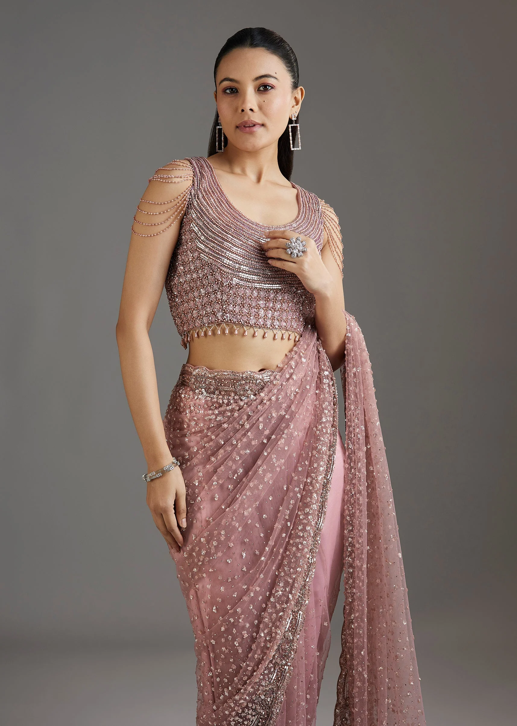 Mauve Net Embellished Saree With Sequins Blouse