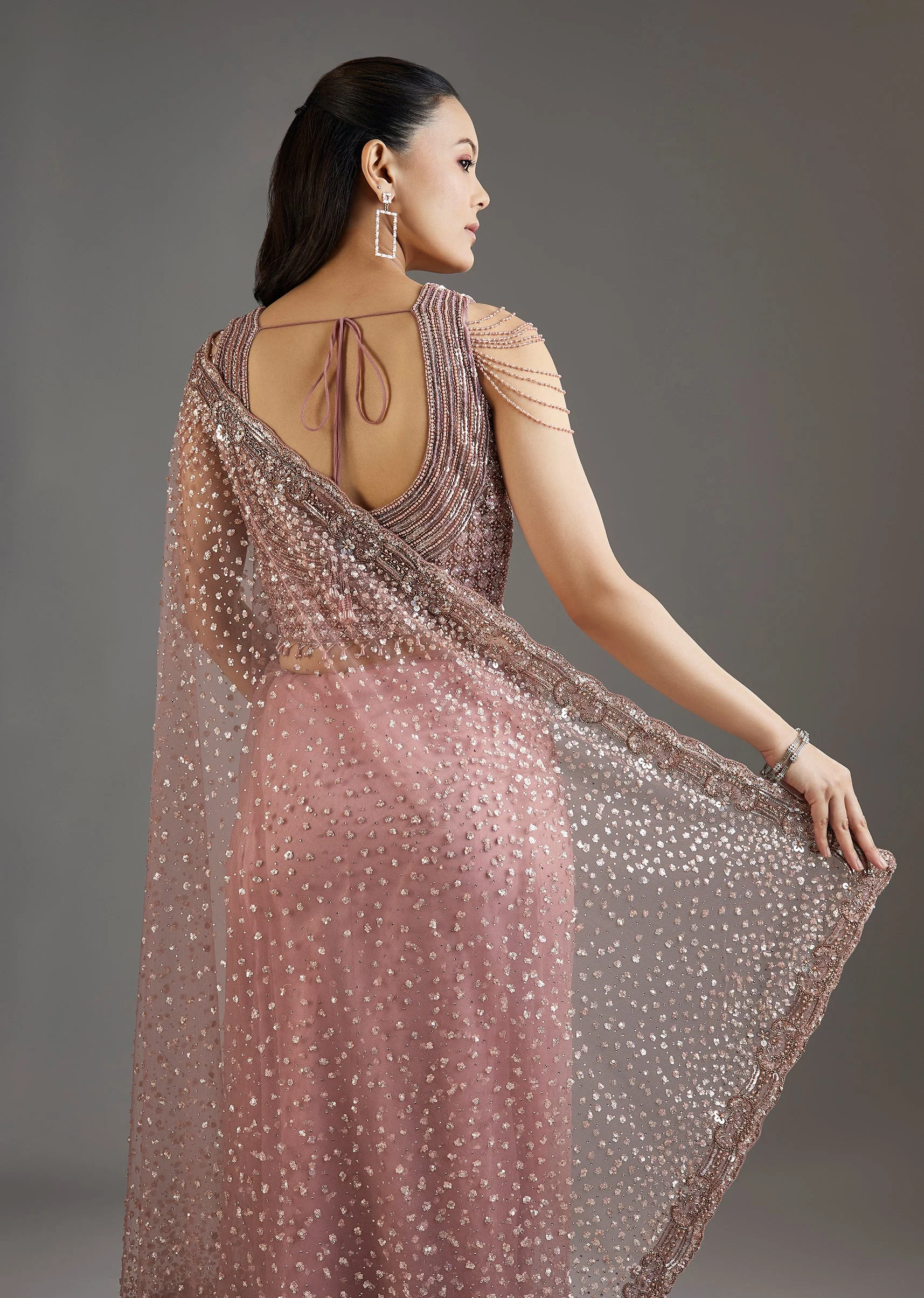 Mauve Net Embellished Saree With Sequins Blouse