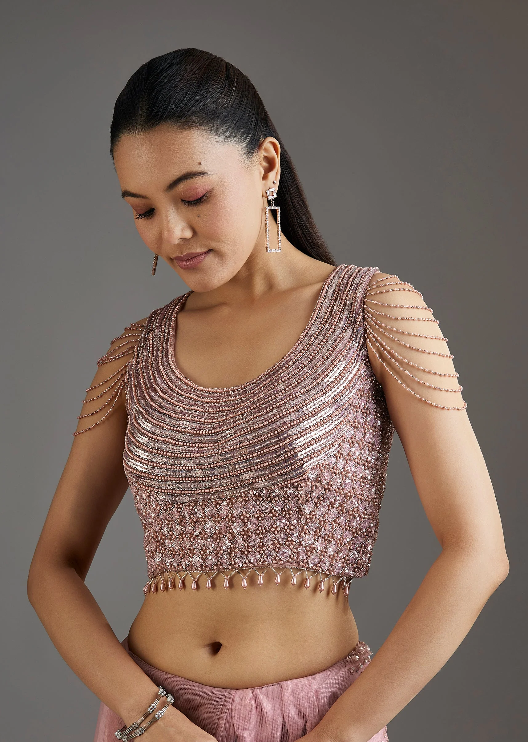 Mauve Net Embellished Saree With Sequins Blouse