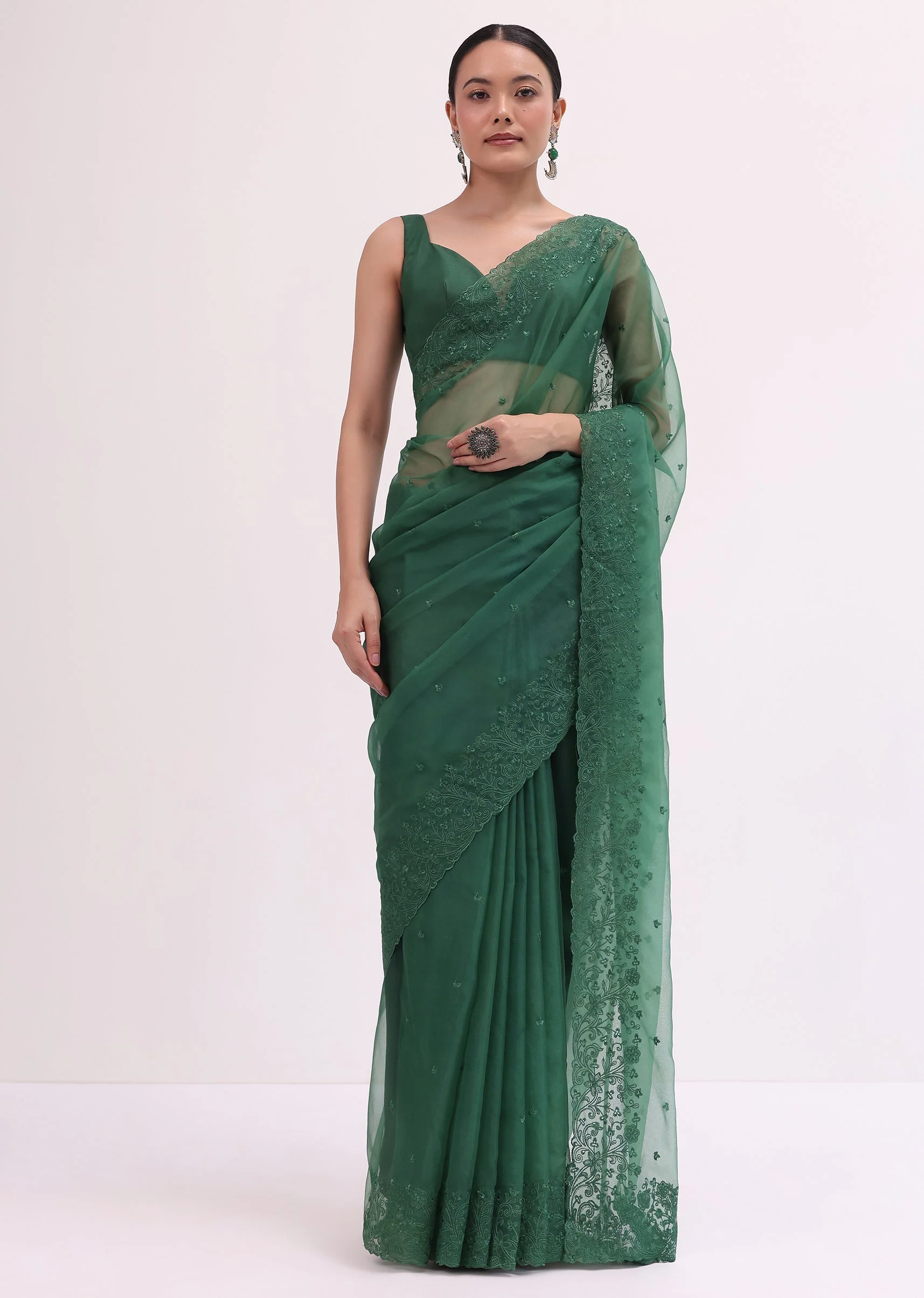 7379-castleton-green-organza-saree-with-unstitched-blouse-1.webp Castleton Green Organza Saree With Unstitched Blouse