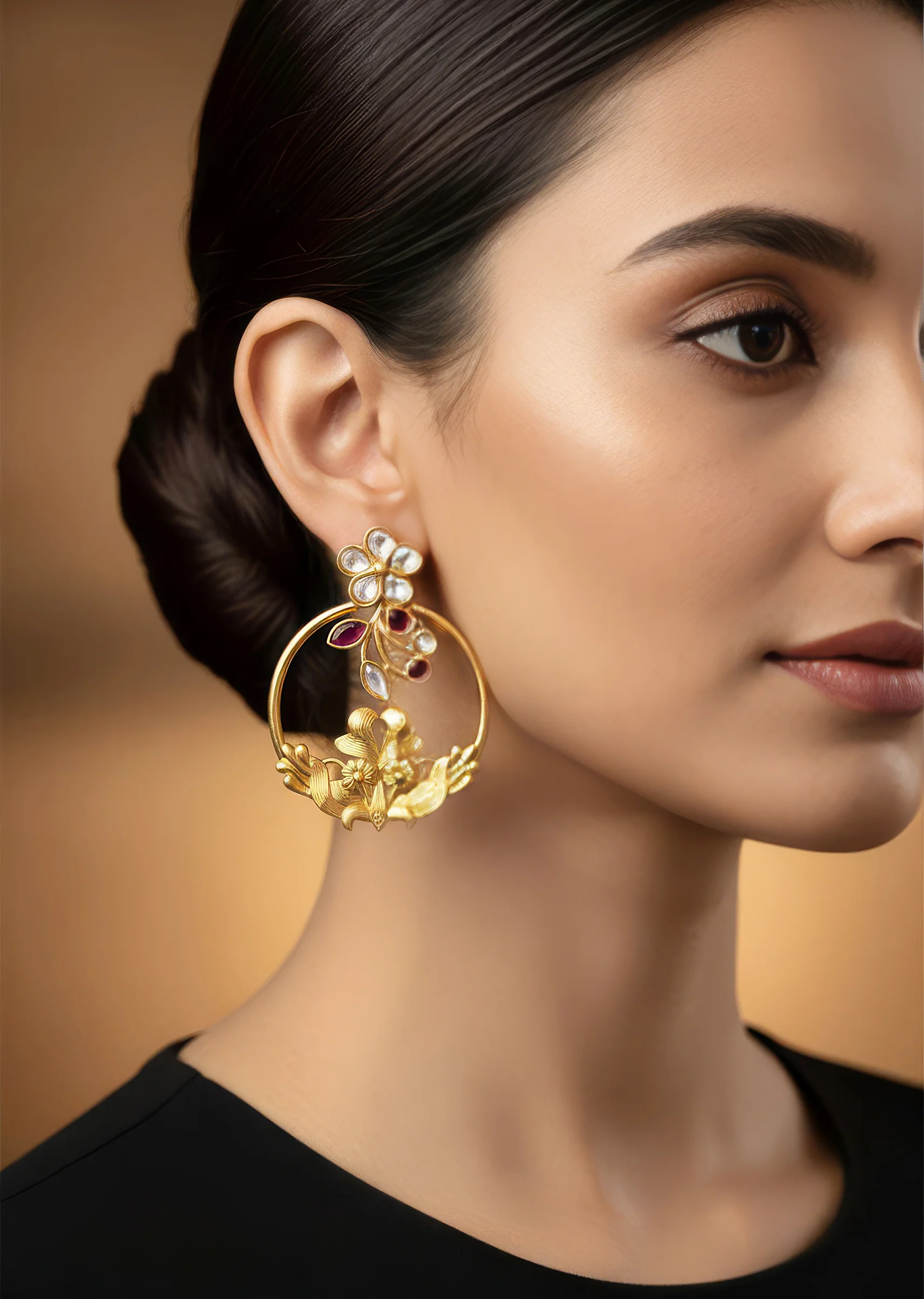 739-gold-finish-earrings-in-hoop-style-with-kundan-and-pink-stone-detailing-1.webp Gold Finish Earrings In Hoop Style With Kundan And Pink Stone Detailing