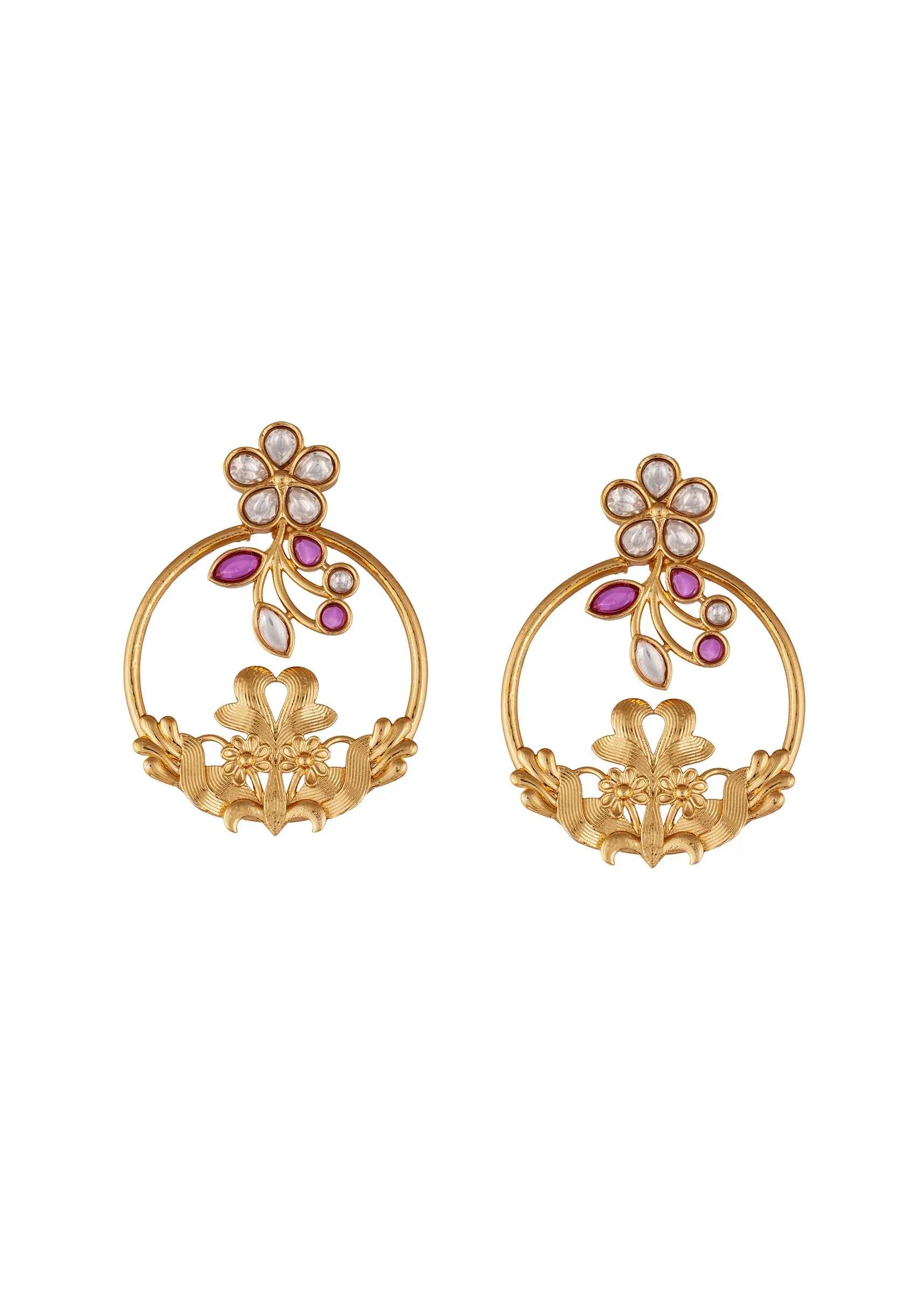 739-gold-finish-earrings-in-hoop-style-with-kundan-and-pink-stone-detailing-2.webp Gold Finish Earrings In Hoop Style With Kundan And Pink Stone Detailing