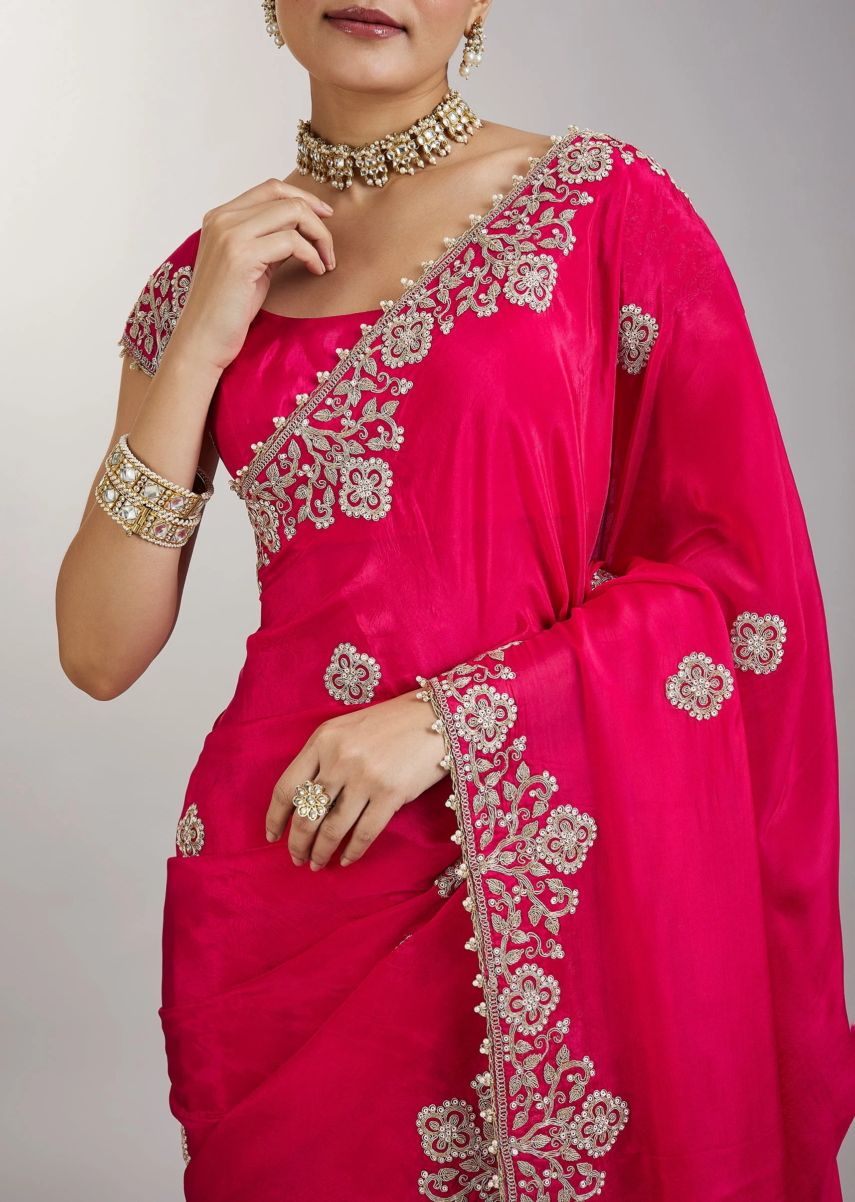Rani Pink Embroidered Crepe Saree