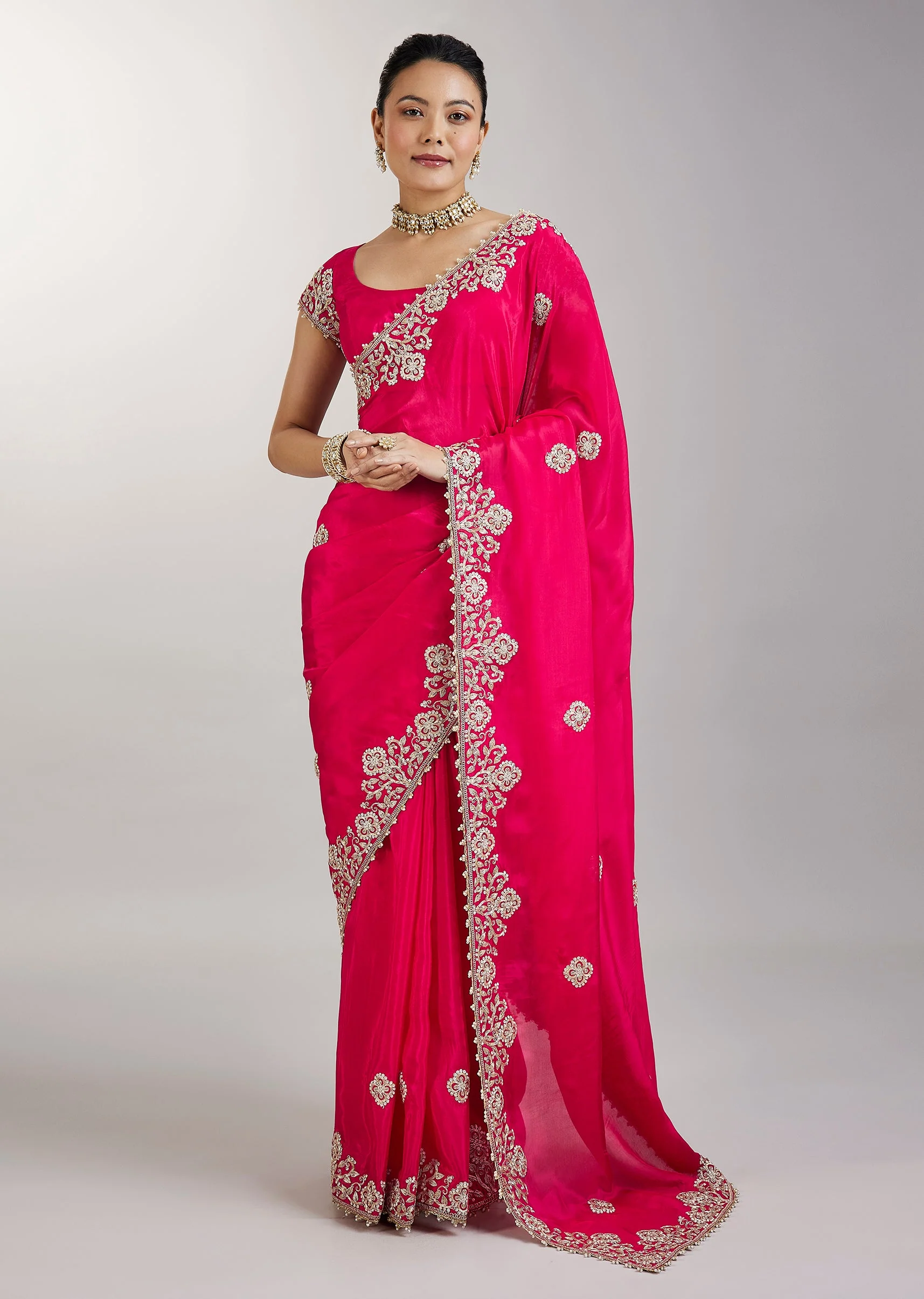 Rani Pink Embroidered Crepe Saree