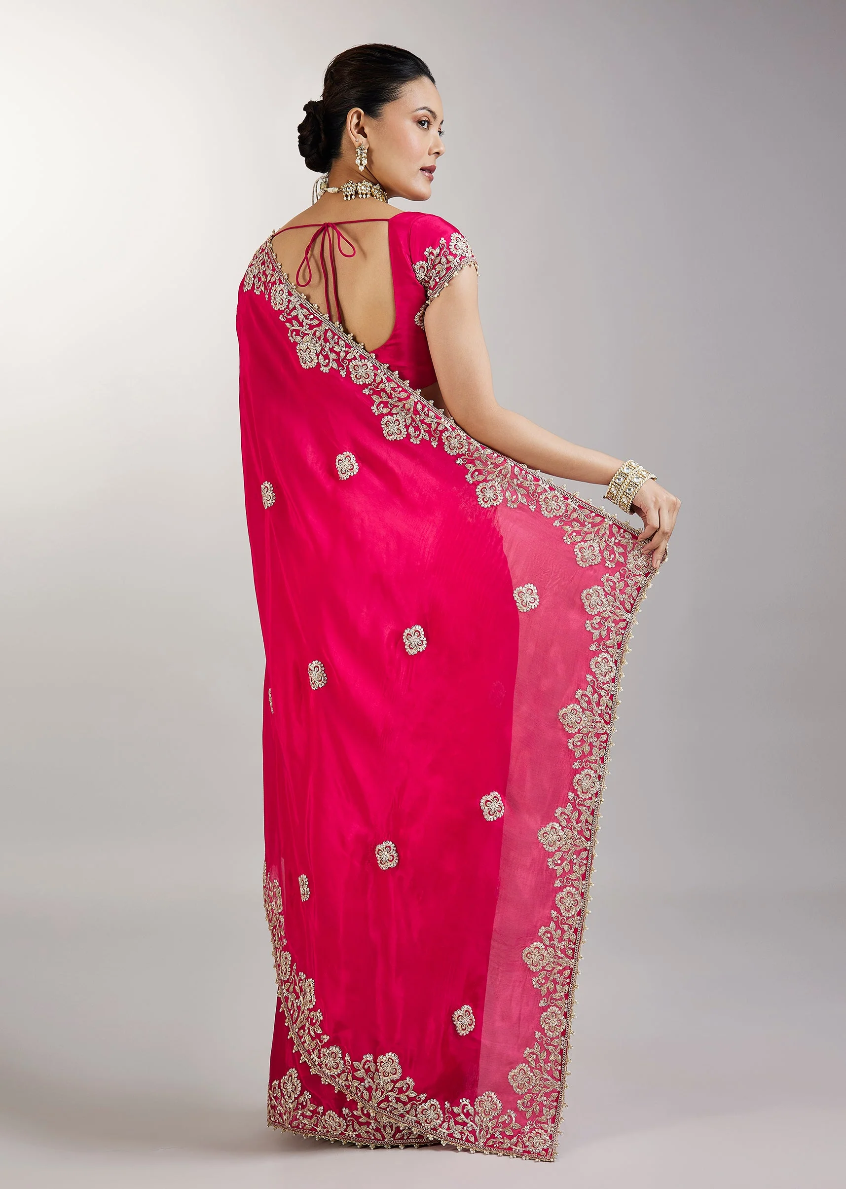 Rani Pink Embroidered Crepe Saree