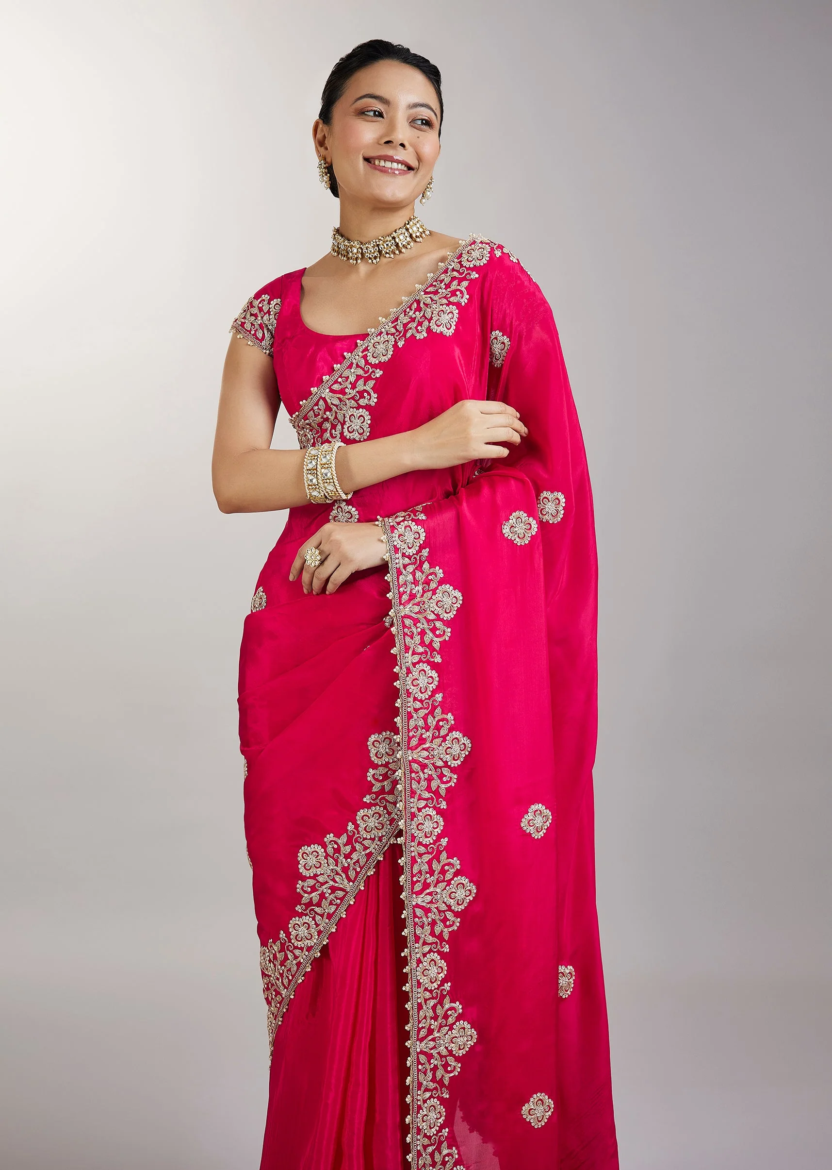 Rani Pink Embroidered Crepe Saree