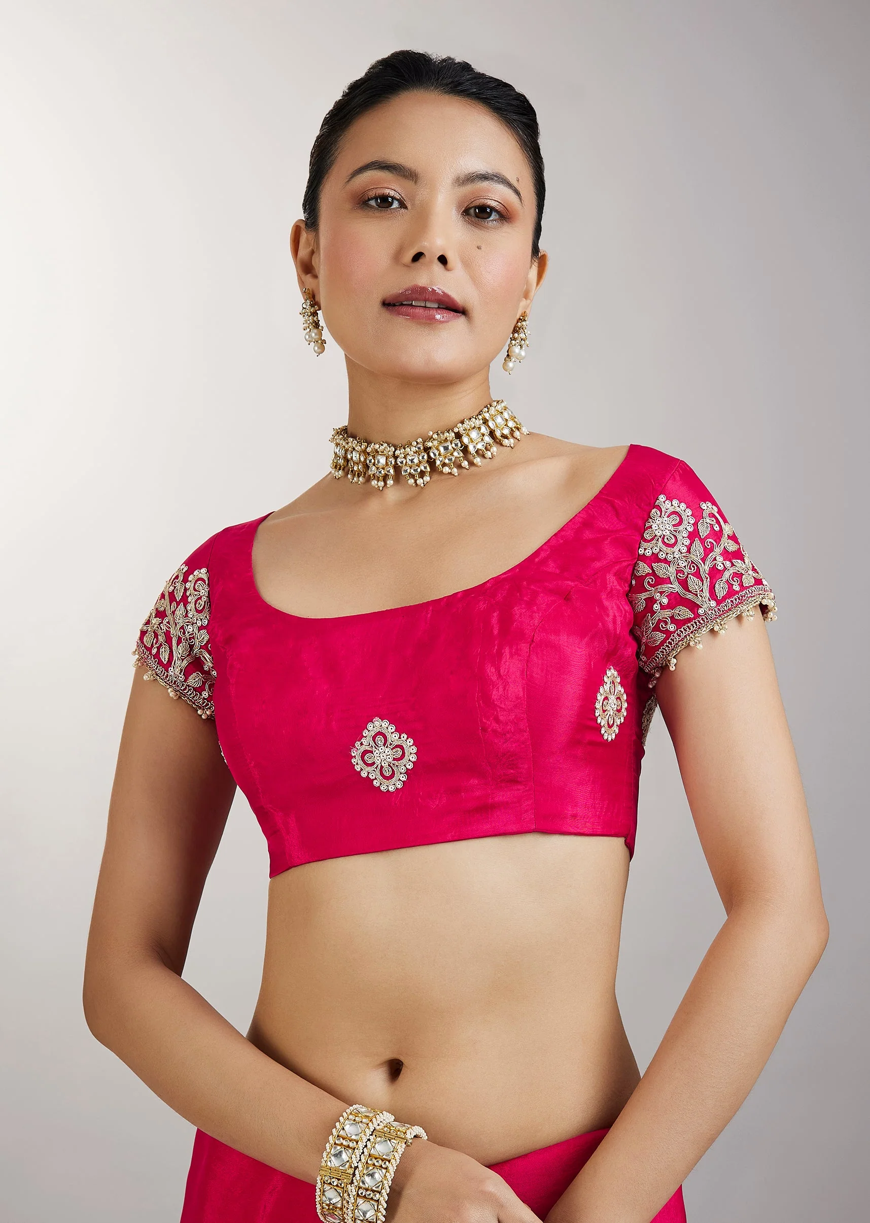 Rani Pink Embroidered Crepe Saree