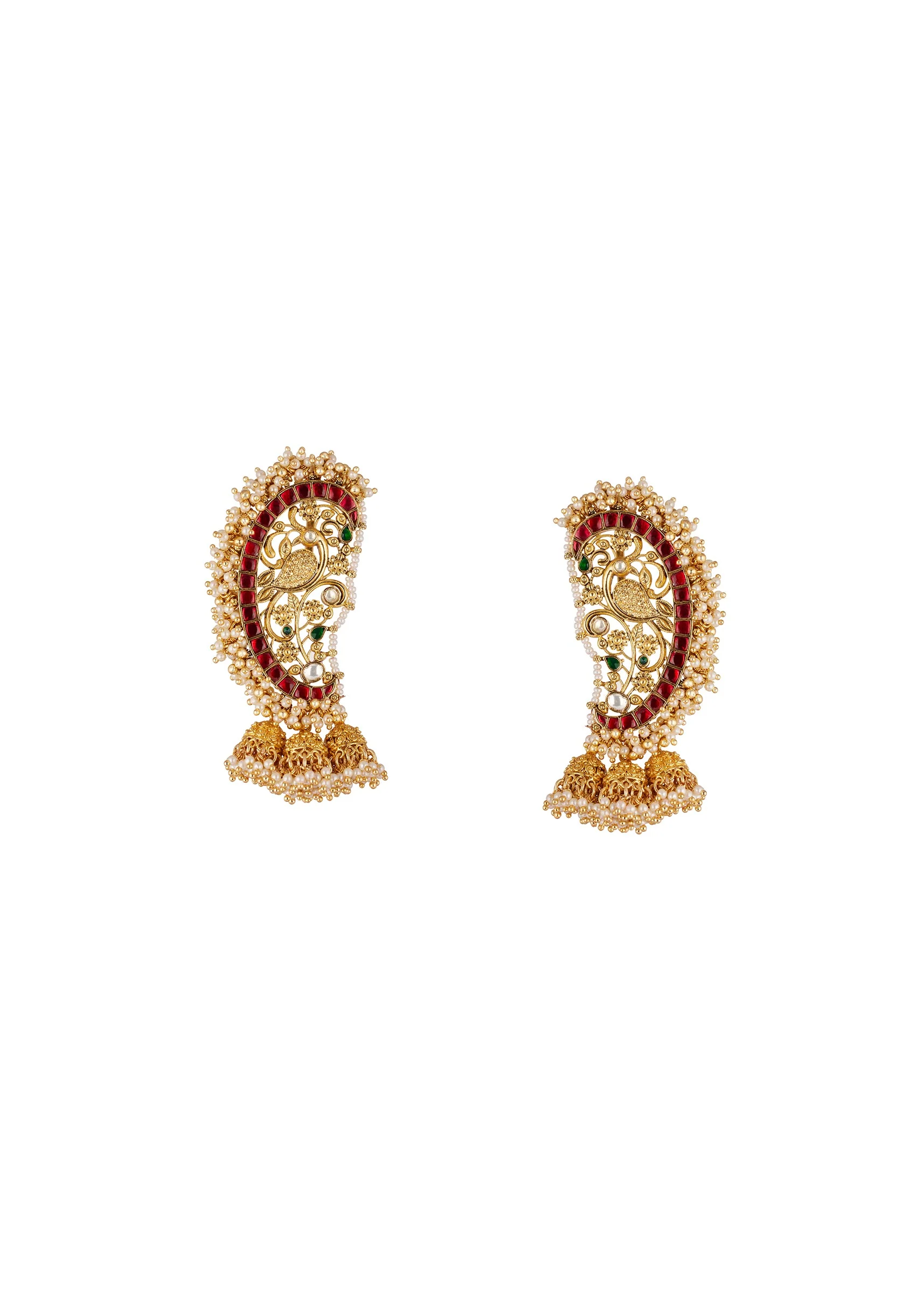 740-gold-finish-earrings-in-kaanphool-style-and-peacock-motif-and-pearl-detailing-1.webp Gold Finish Earrings In Kaanphool Style And Peacock Motif And Pearl Detailing