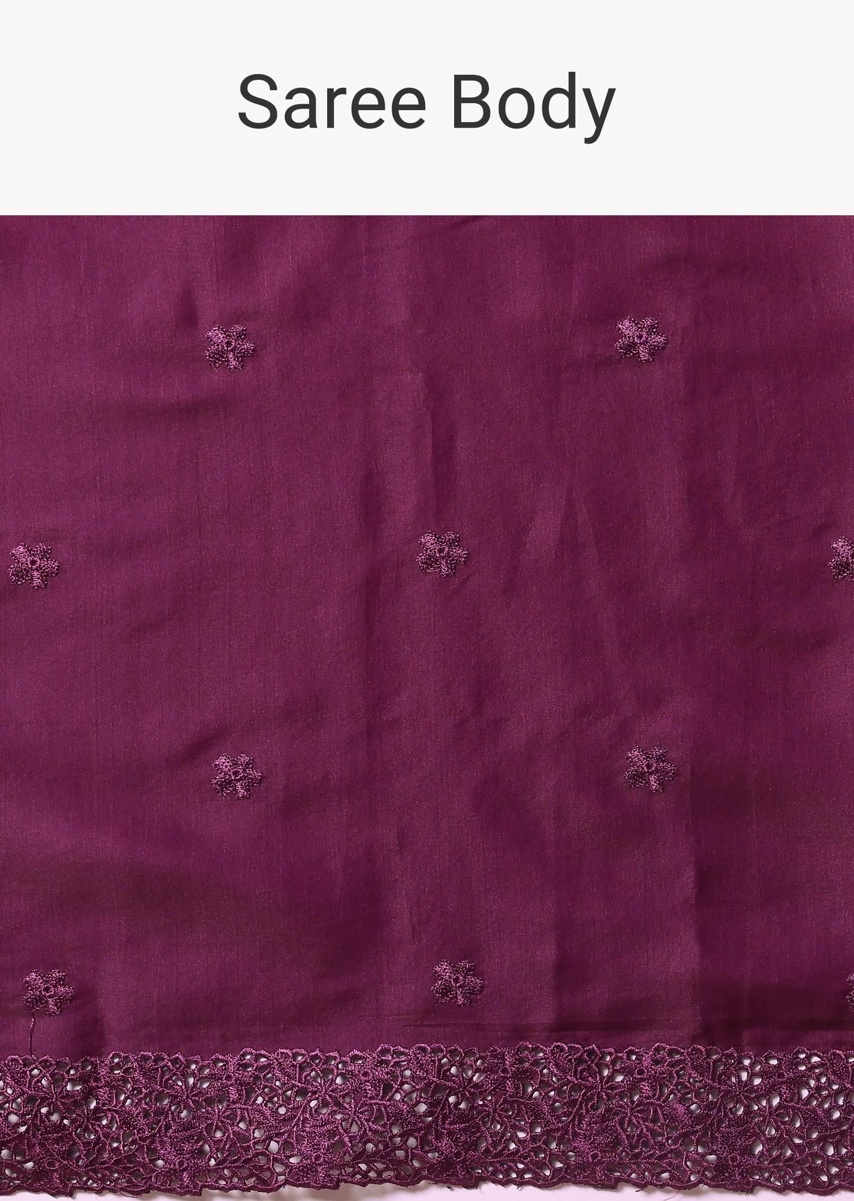 Wine Embroidered Tussar Saree With Unstitched Blouse