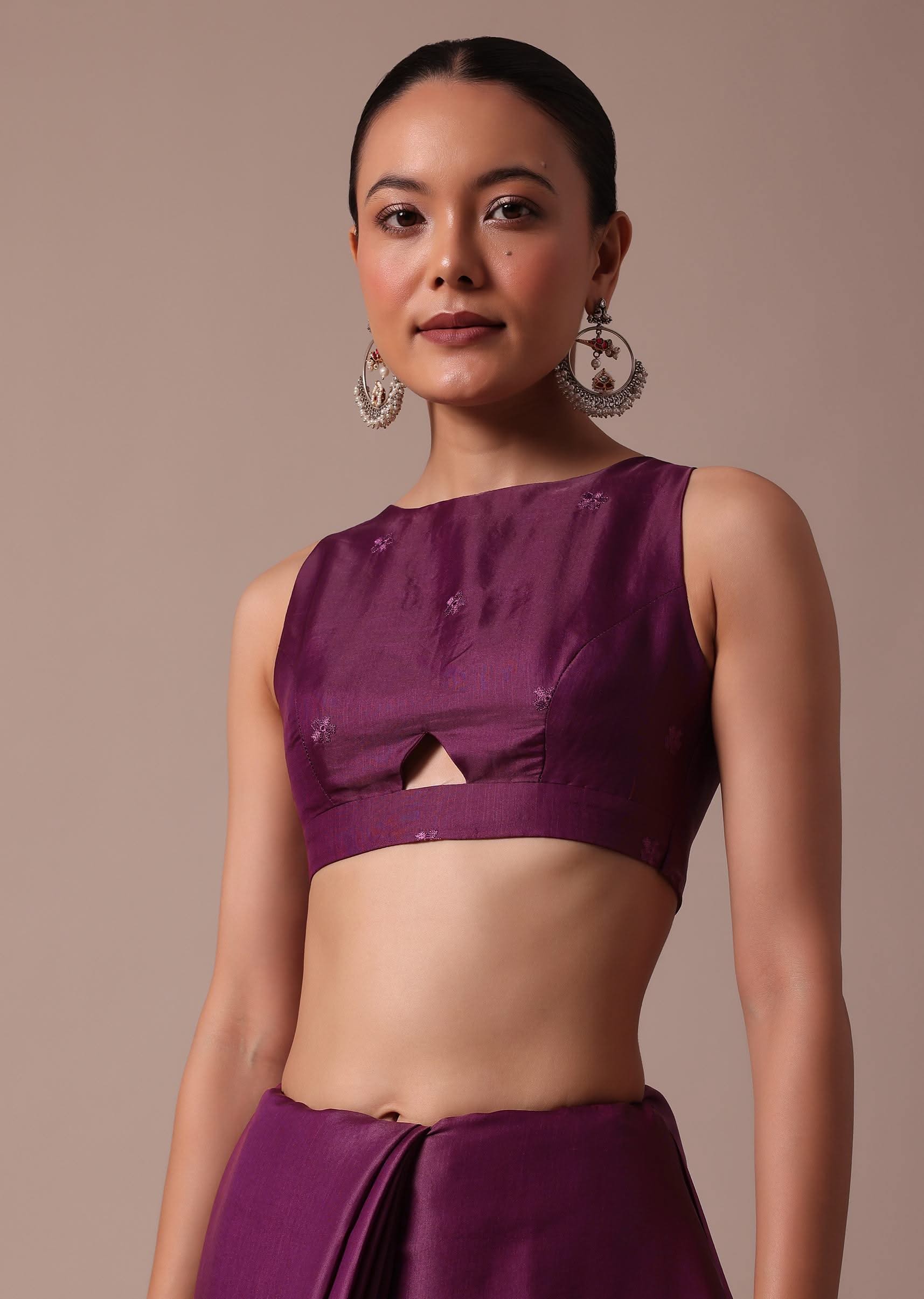 Wine Embroidered Tussar Saree With Unstitched Blouse