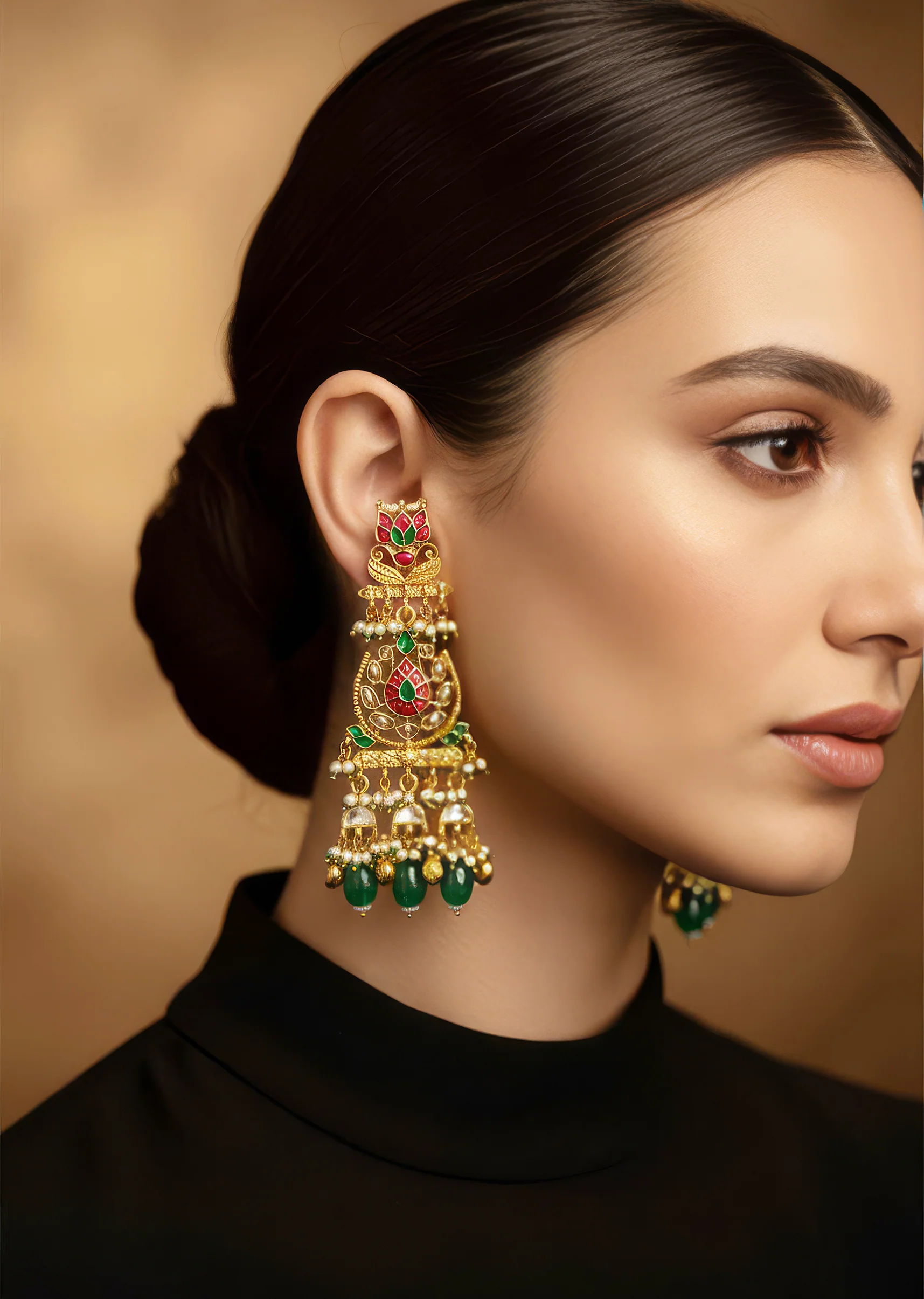 744-gold-finish-dangler-earrings-in-kundan-style-and-pearl-detailing-1.webp Gold Finish Dangler Earrings In Kundan Style And Pearl Detailing