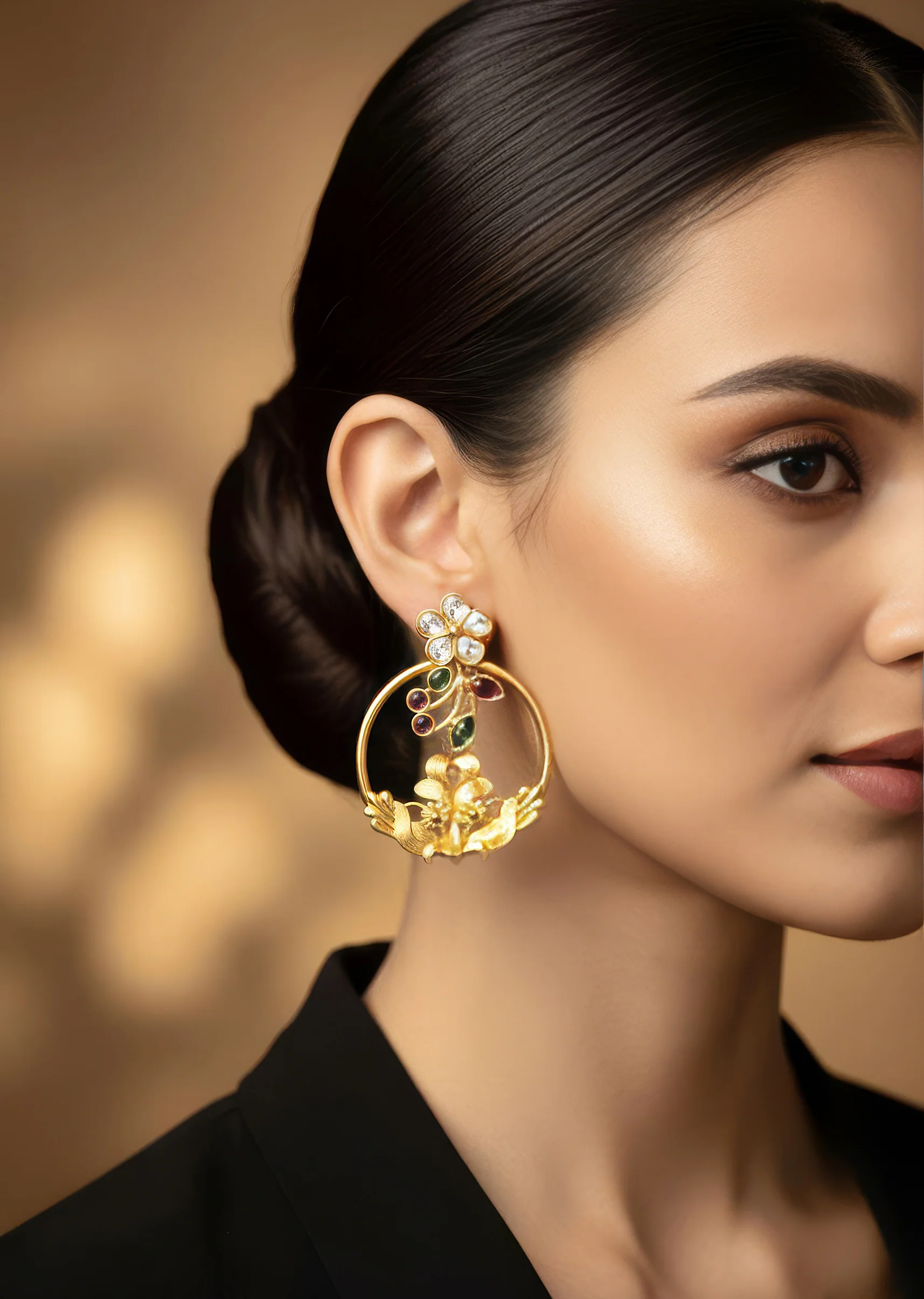 745-gold-toned-earrings-in-hoop-style-with-kundan-and-multi-stone-detailing-1.webp Gold Toned Earrings In Hoop Style With Kundan And Multi Stone Detailing