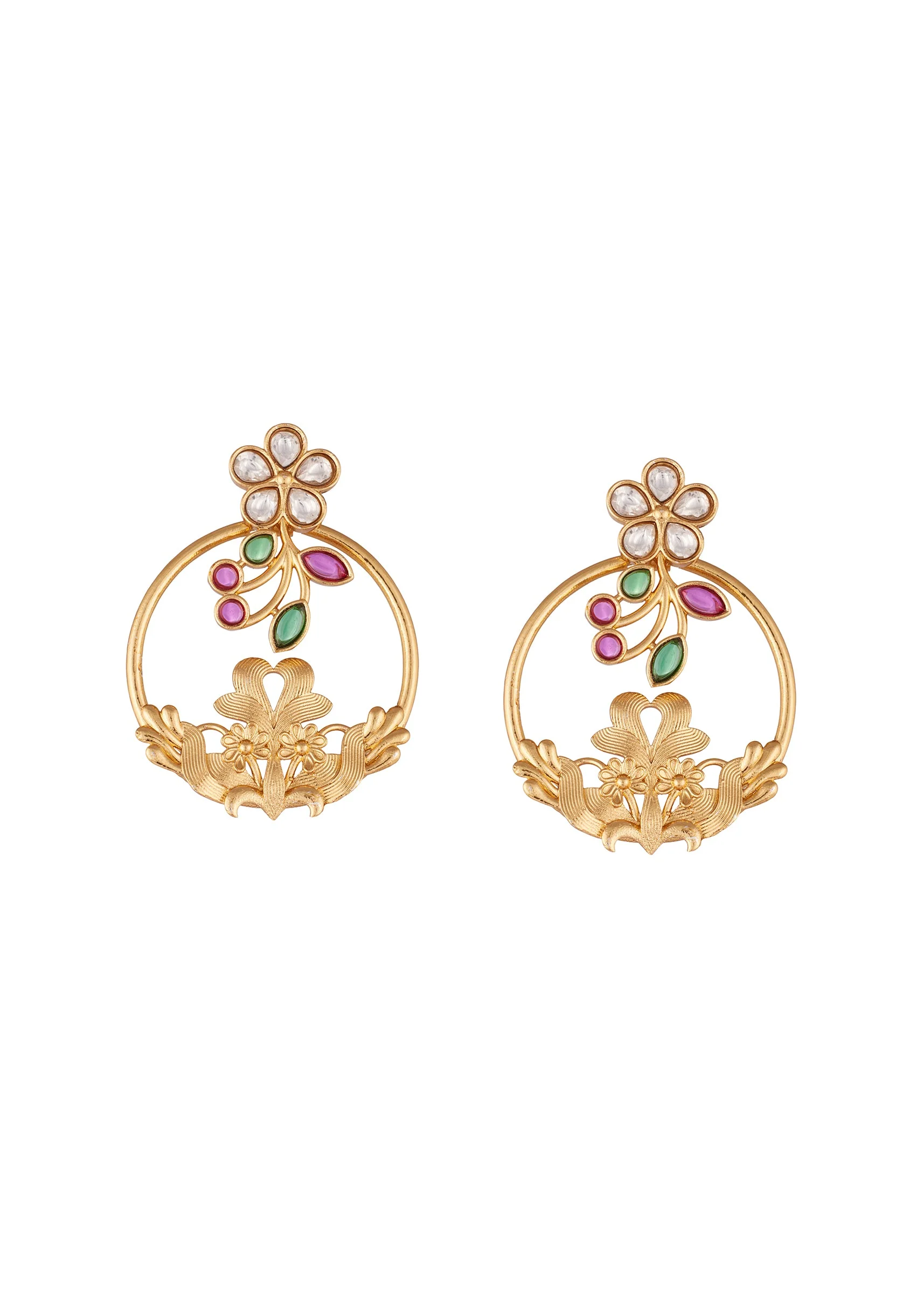 745-gold-toned-earrings-in-hoop-style-with-kundan-and-multi-stone-detailing-2.webp Gold Toned Earrings In Hoop Style With Kundan And Multi Stone Detailing