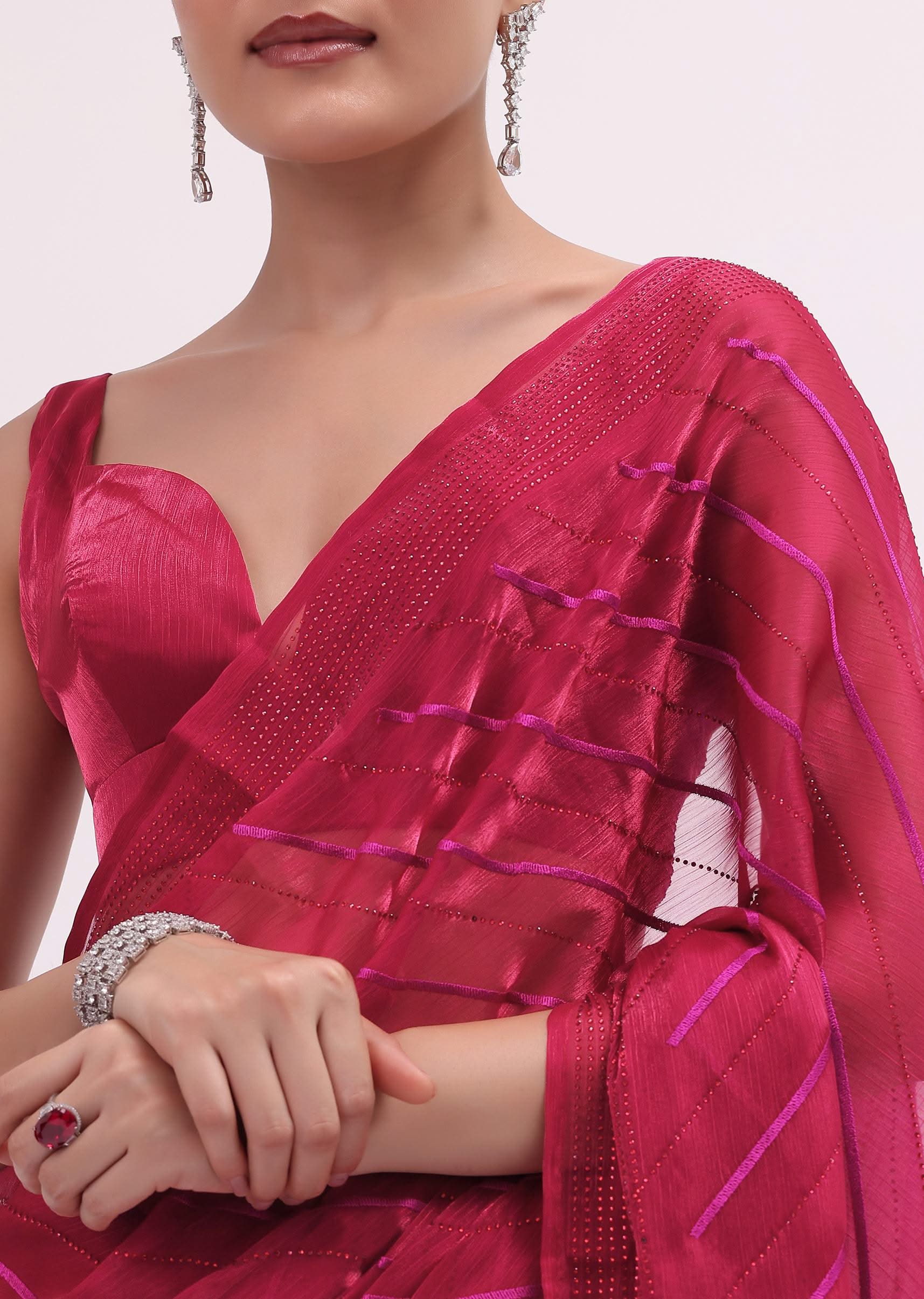 7454-red-stone-embroidered-saree-with-unstitched-blouse-2.jpg Red Stone Embroidered Saree With Unstitched Blouse