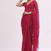 7454-red-stone-embroidered-saree-with-unstitched-blouse-3.jpg Red Stone Embroidered Saree With Unstitched Blouse