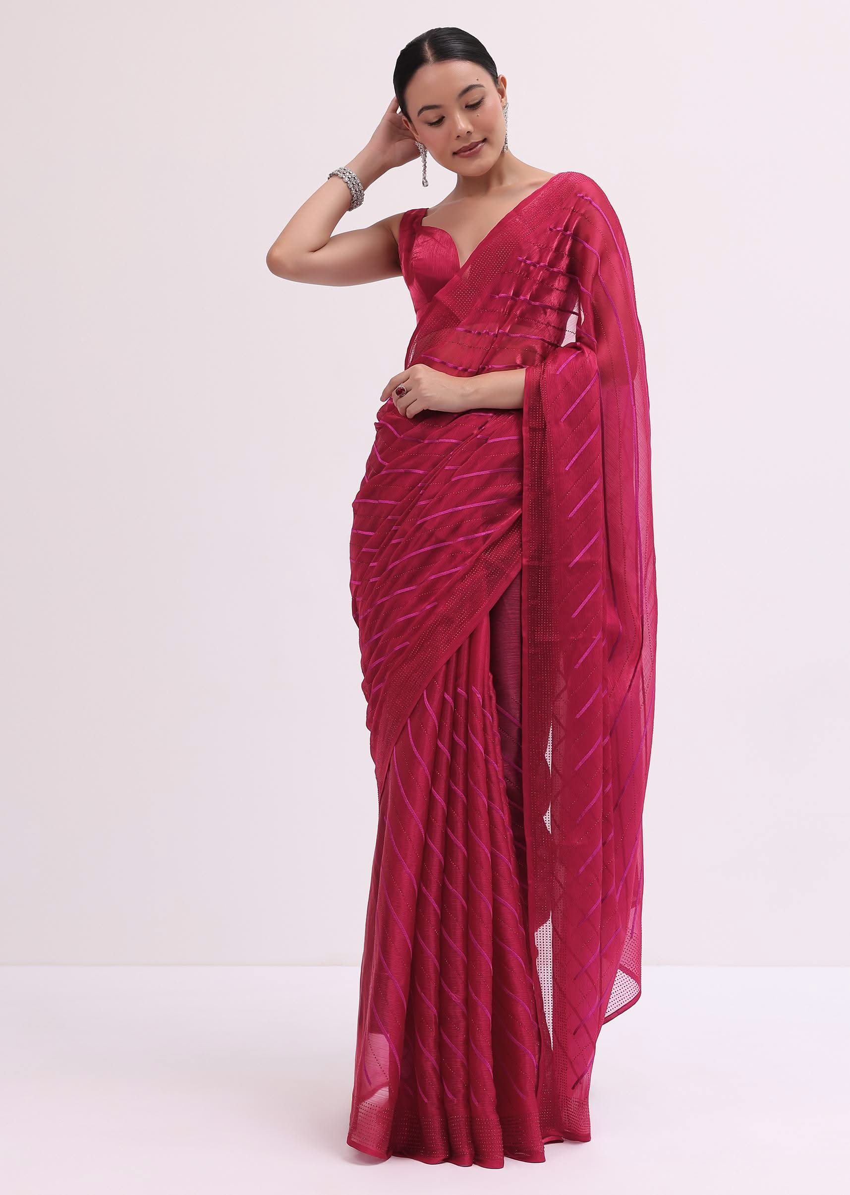 7454-red-stone-embroidered-saree-with-unstitched-blouse-3.jpg Red Stone Embroidered Saree With Unstitched Blouse