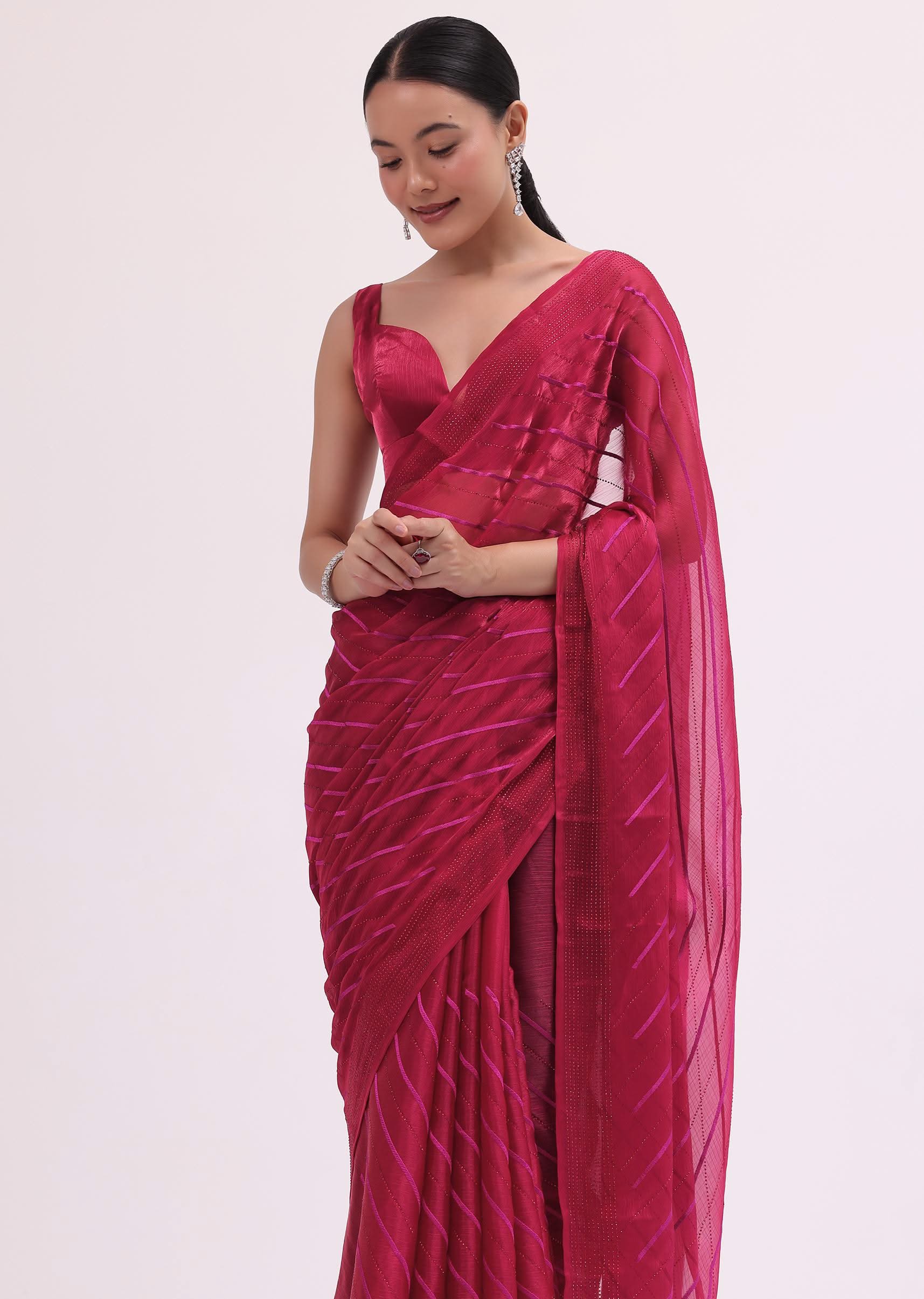 7454-red-stone-embroidered-saree-with-unstitched-blouse-5.jpg Red Stone Embroidered Saree With Unstitched Blouse