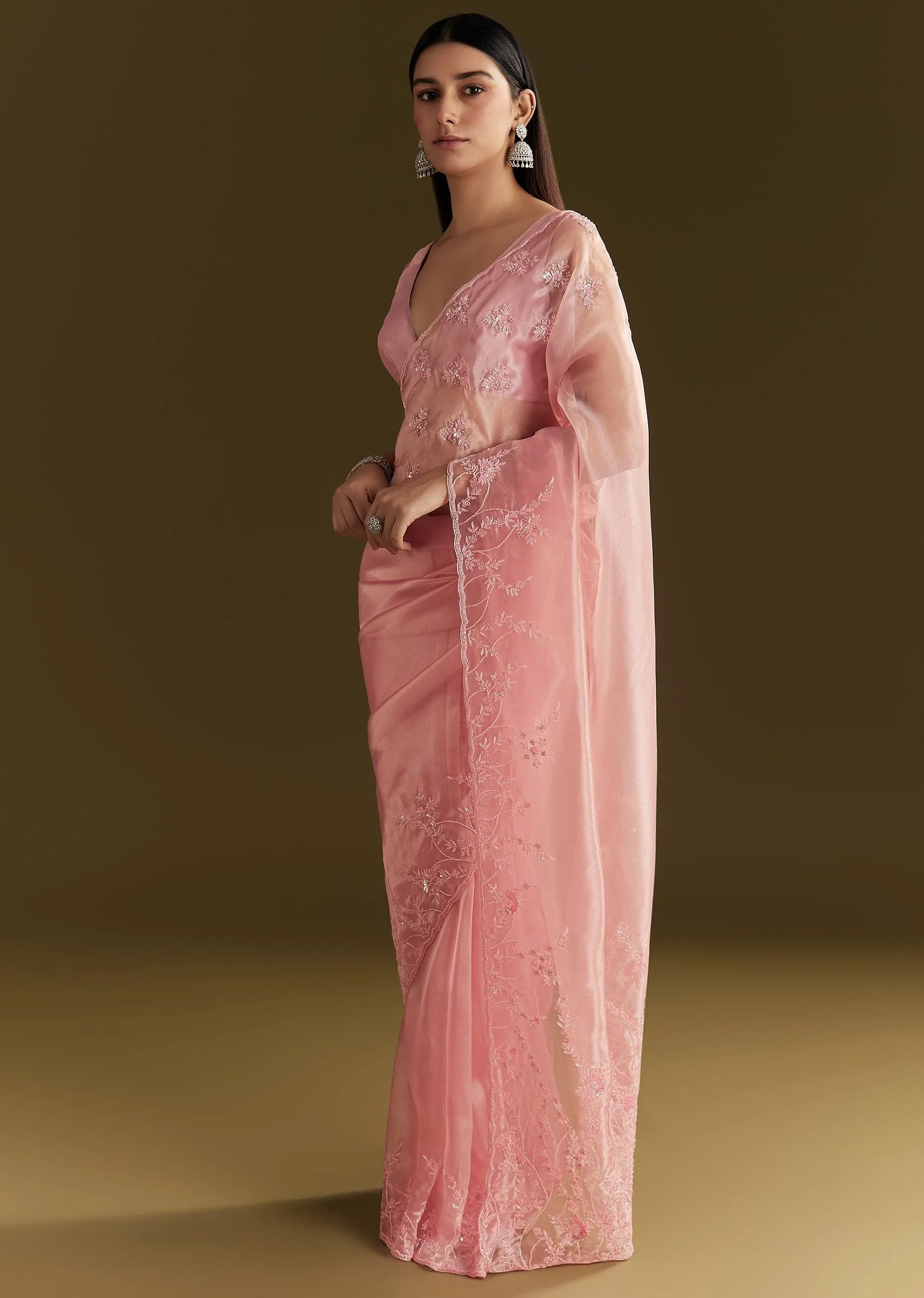 Pink Tissue Saree With Heavy Cutdana And Beads Embroidery
