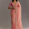 Pink Glass Tissue Sareee With Embroidered Scallop Border