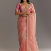 Pink Glass Tissue Sareee With Embroidered Scallop Border