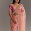 Pink Glass Tissue Sareee With Embroidered Scallop Border