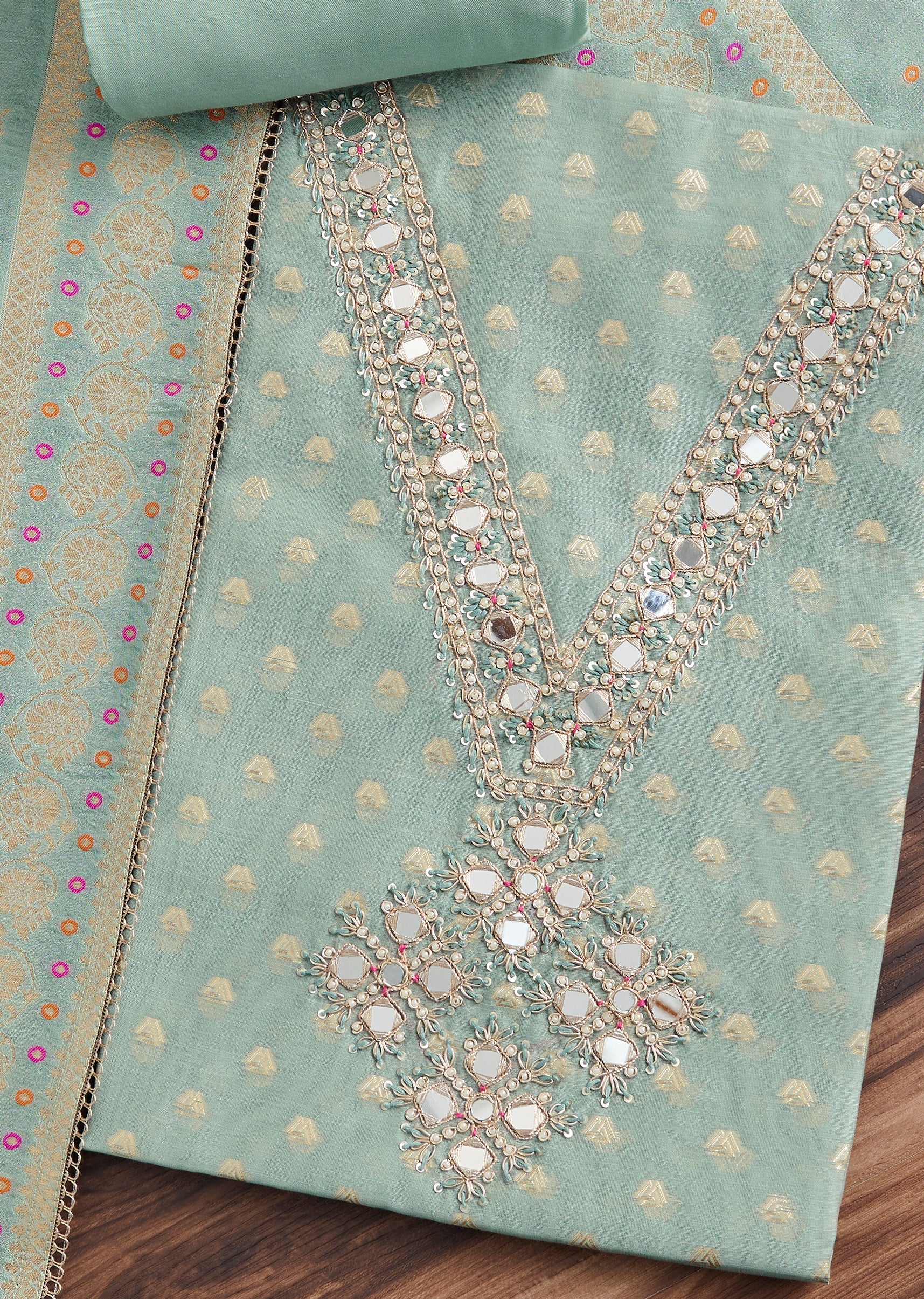 Aqua Blue Chanderi Unstitched Suit With Dupatta