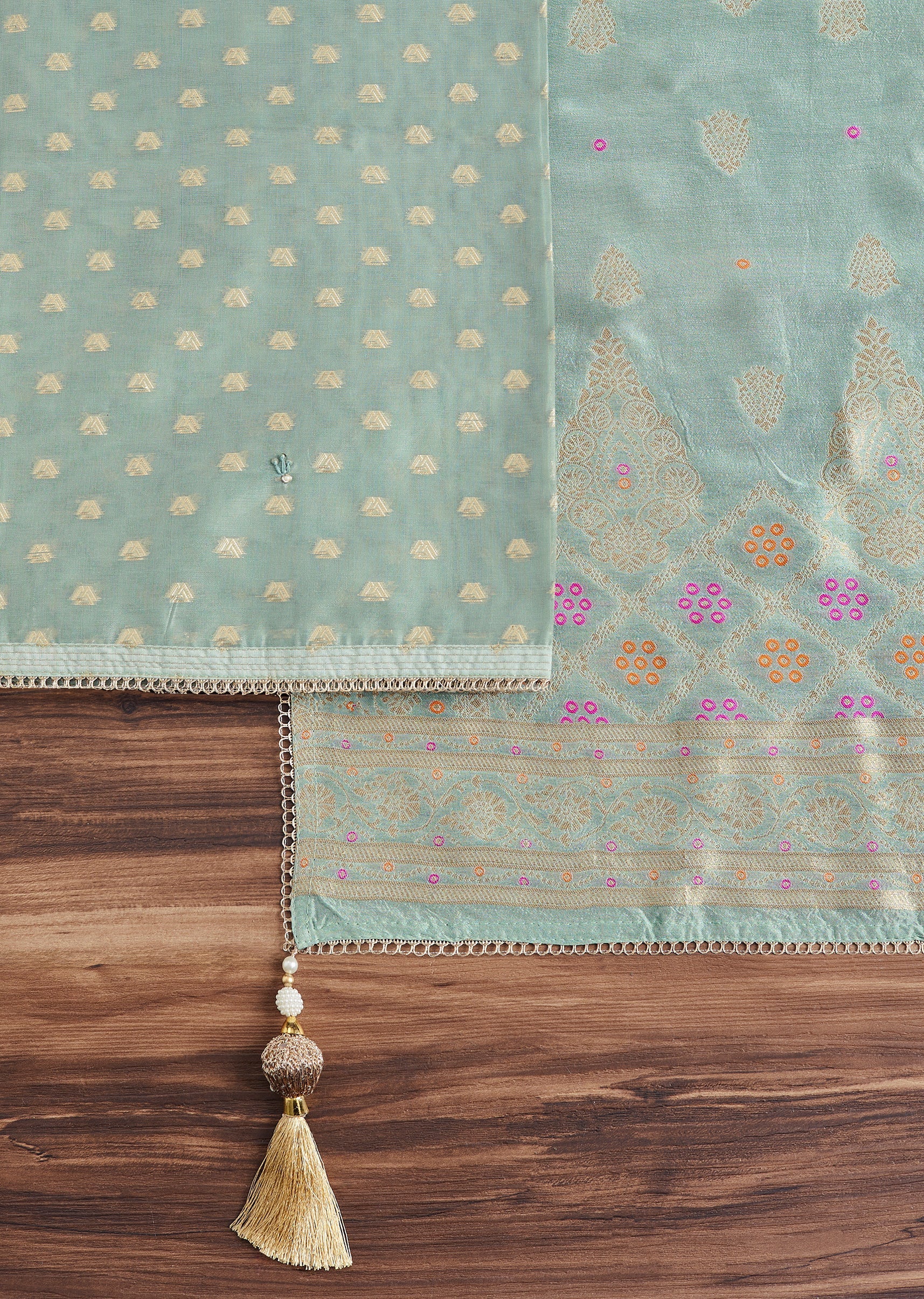 Aqua Blue Chanderi Unstitched Suit With Dupatta
