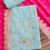 Aqua Blue Chanderi Unstitched Suit With Contrast Dupatta