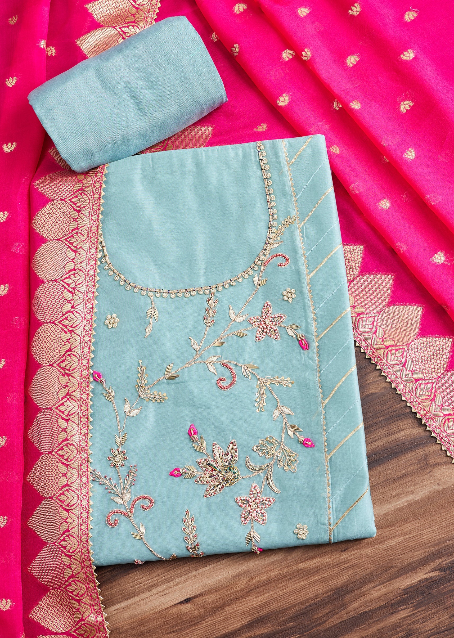 7519-aqua-blue-chanderi-unstitched-suit-with-contrast-dupatta-1.jpg Aqua Blue Chanderi Unstitched Suit With Contrast Dupatta