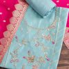 Aqua Blue Chanderi Unstitched Suit With Contrast Dupatta