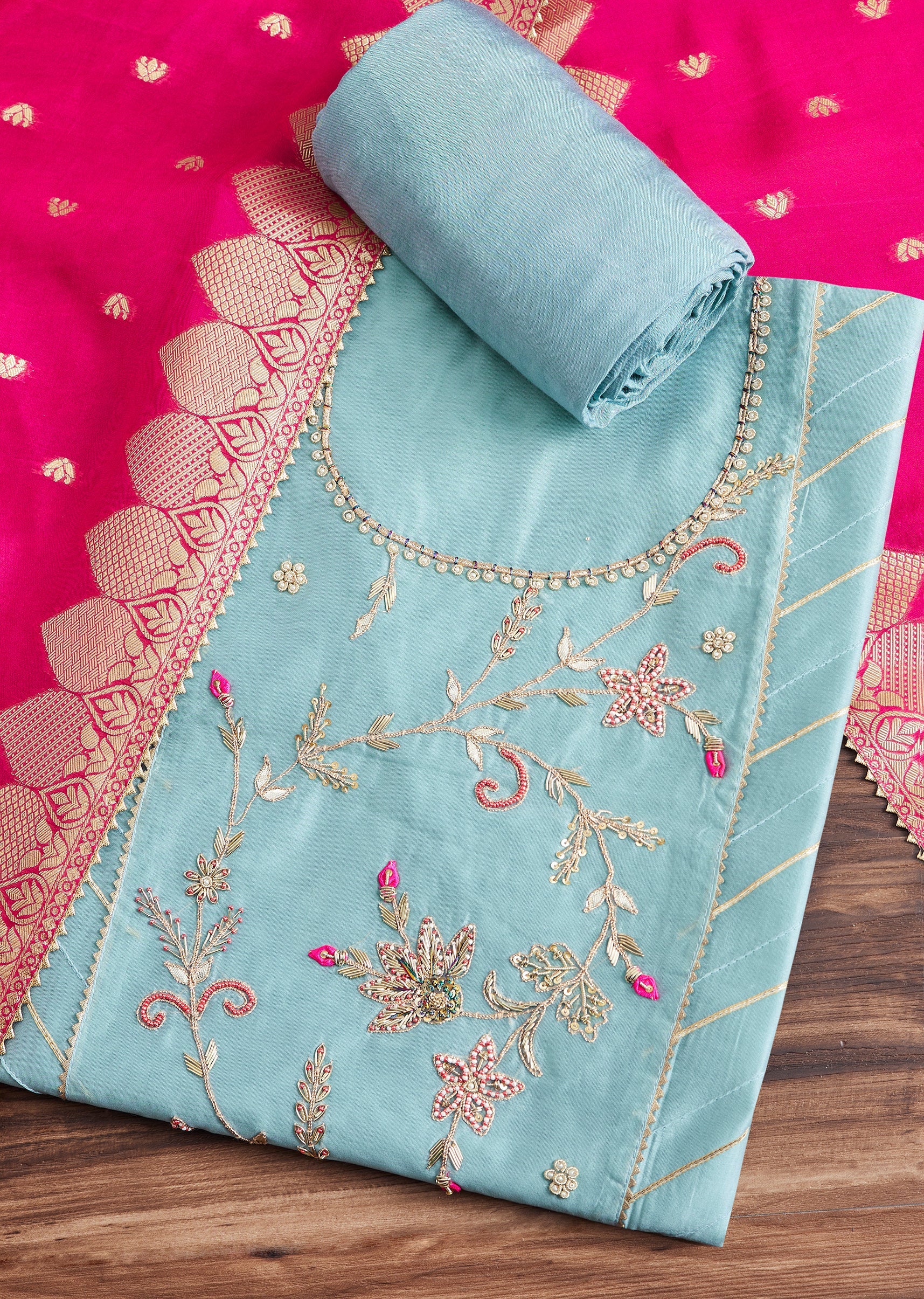 Aqua Blue Chanderi Unstitched Suit With Contrast Dupatta