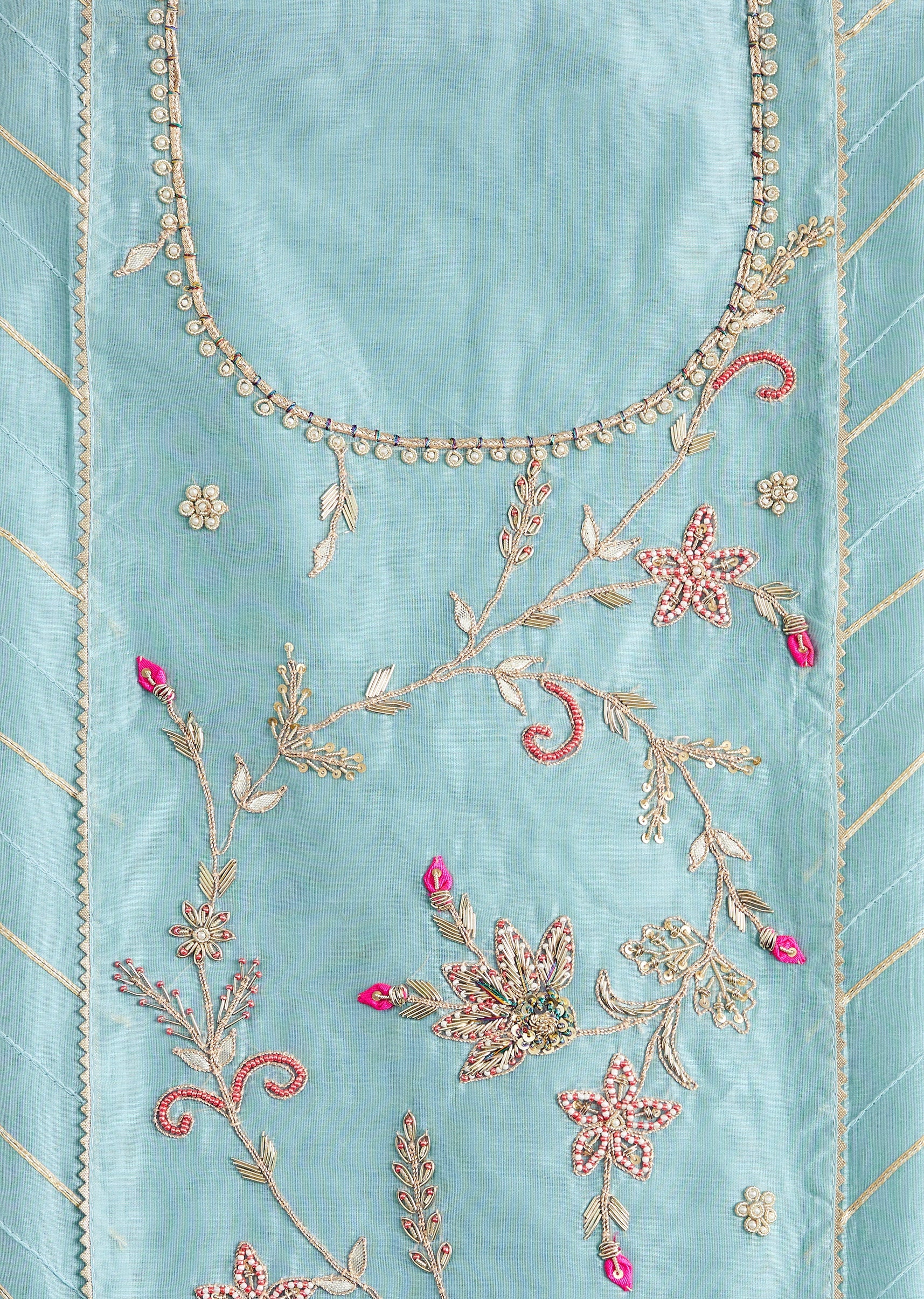 Aqua Blue Chanderi Unstitched Suit With Contrast Dupatta