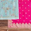 Aqua Blue Chanderi Unstitched Suit With Contrast Dupatta