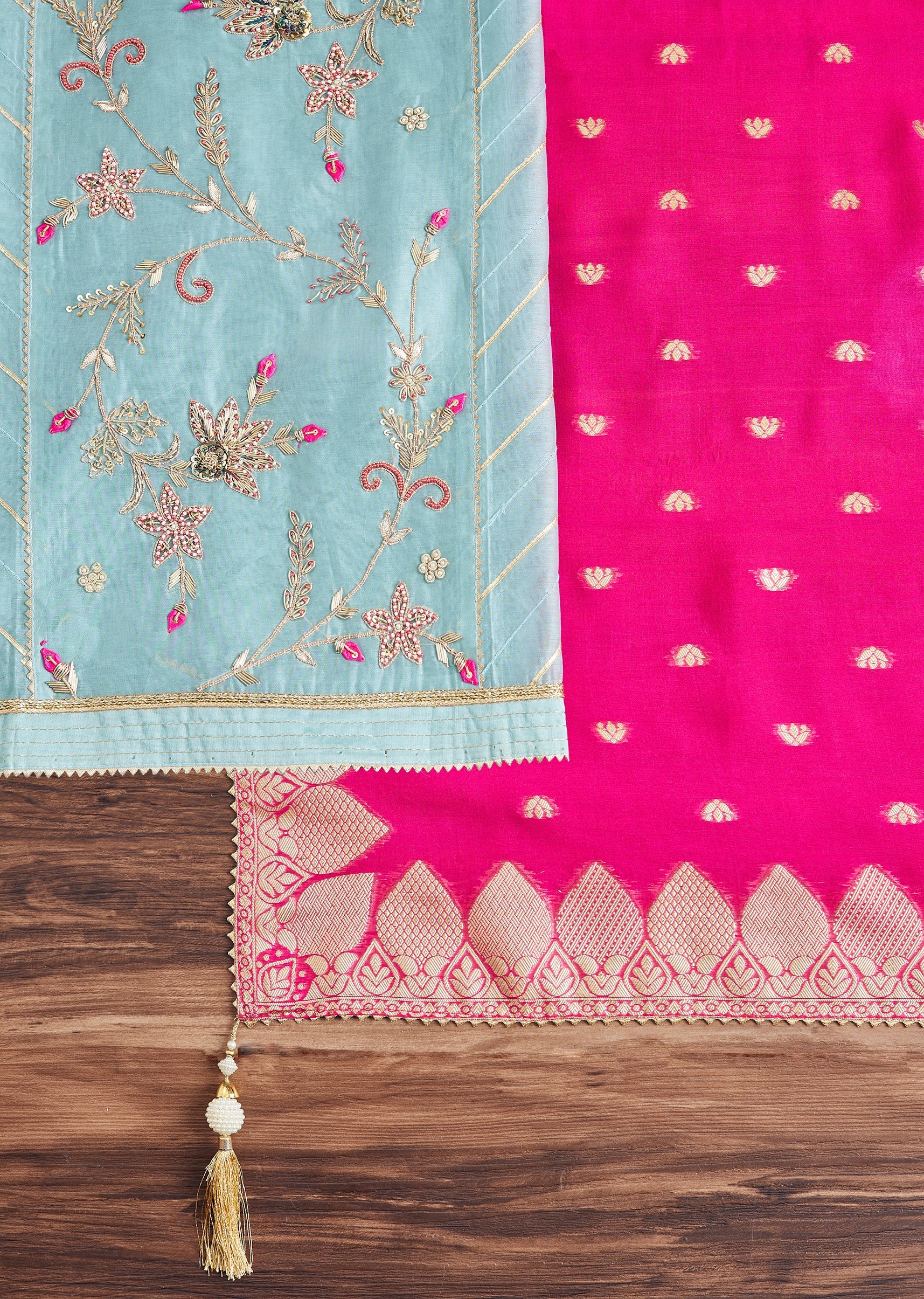 Aqua Blue Chanderi Unstitched Suit With Contrast Dupatta