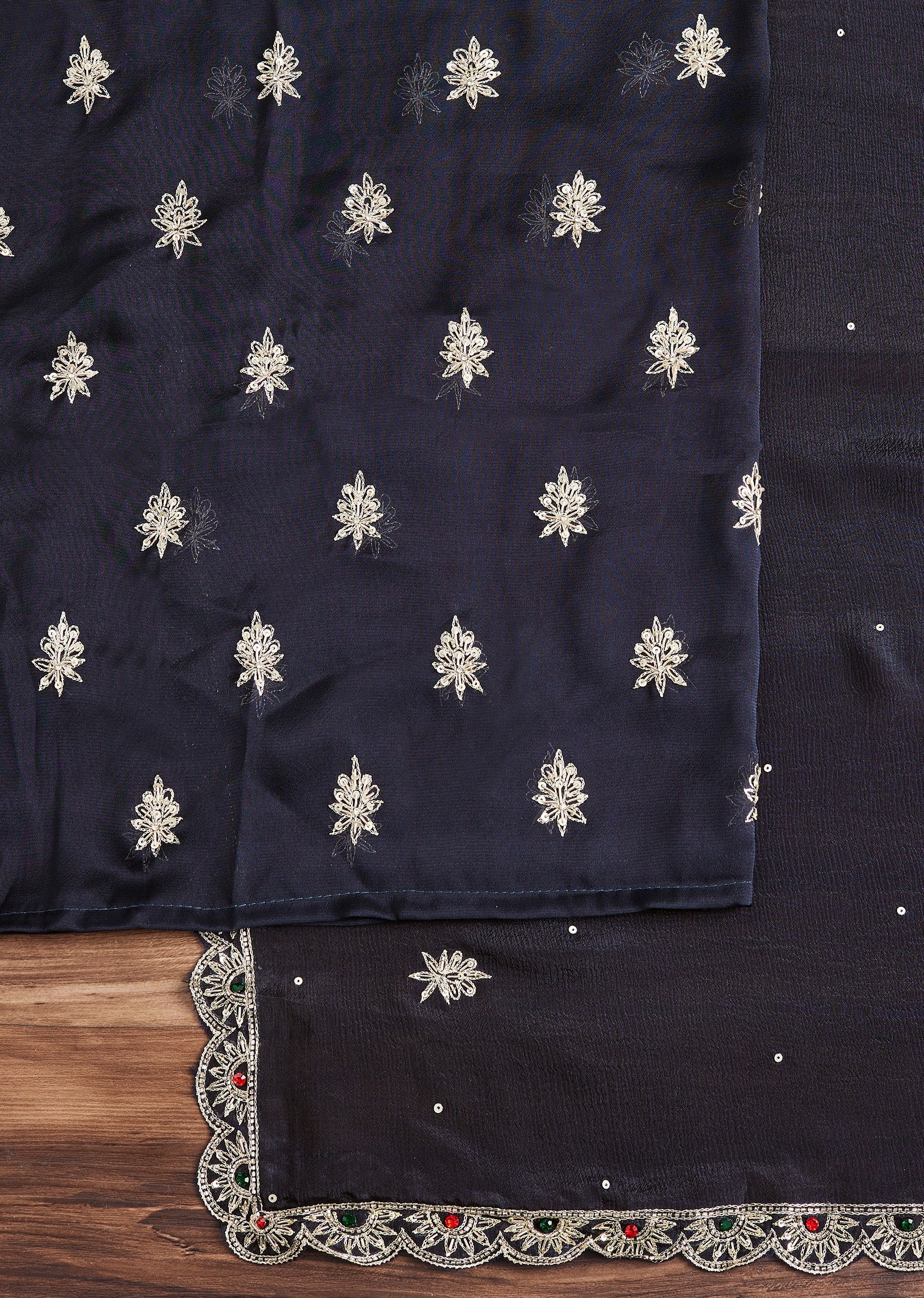 Navy Blue Satin Unstitched Suit With Dupatta