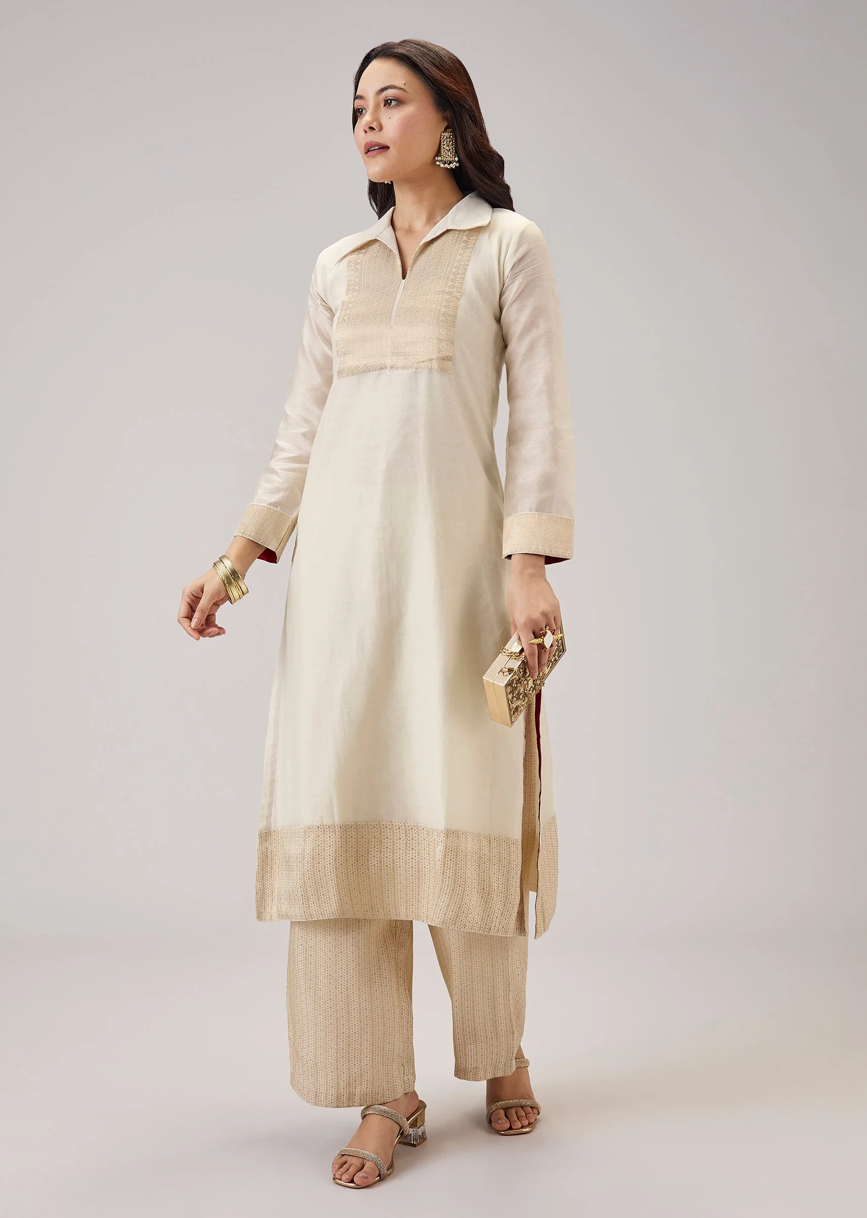 Off White Weaved Chanderi Kurta Set