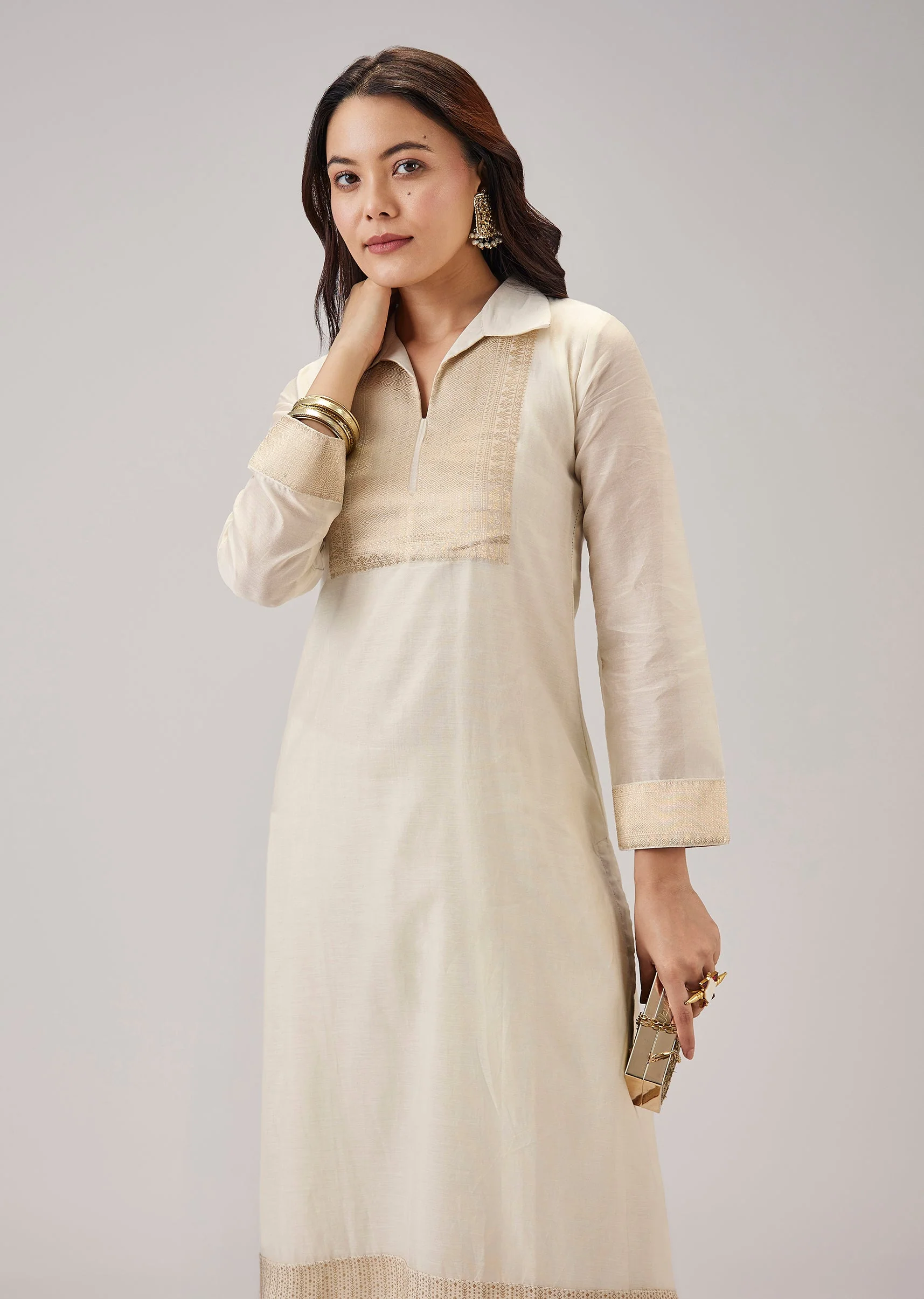 Off White Weaved Chanderi Kurta Set
