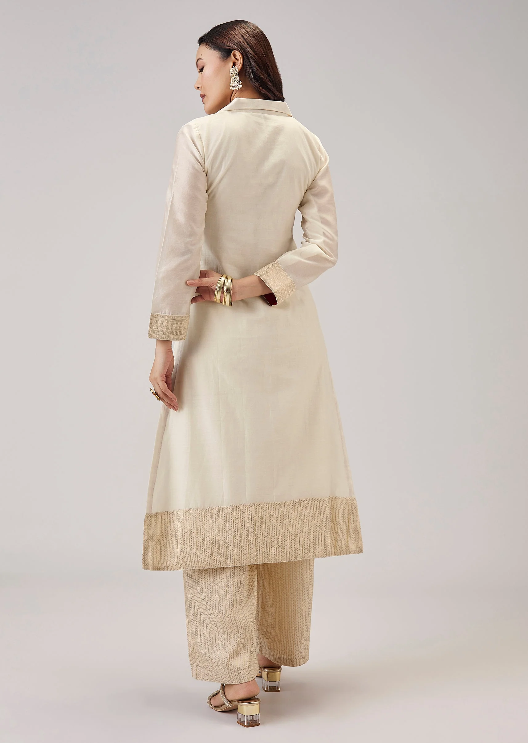 Off White Weaved Chanderi Kurta Set