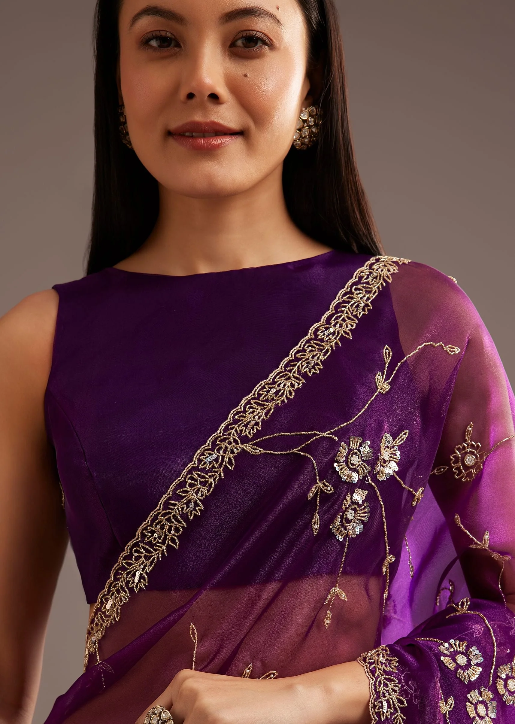 Purple Organza Tissue Ready To Wear Saree With Sequins And Cutdana Jaal