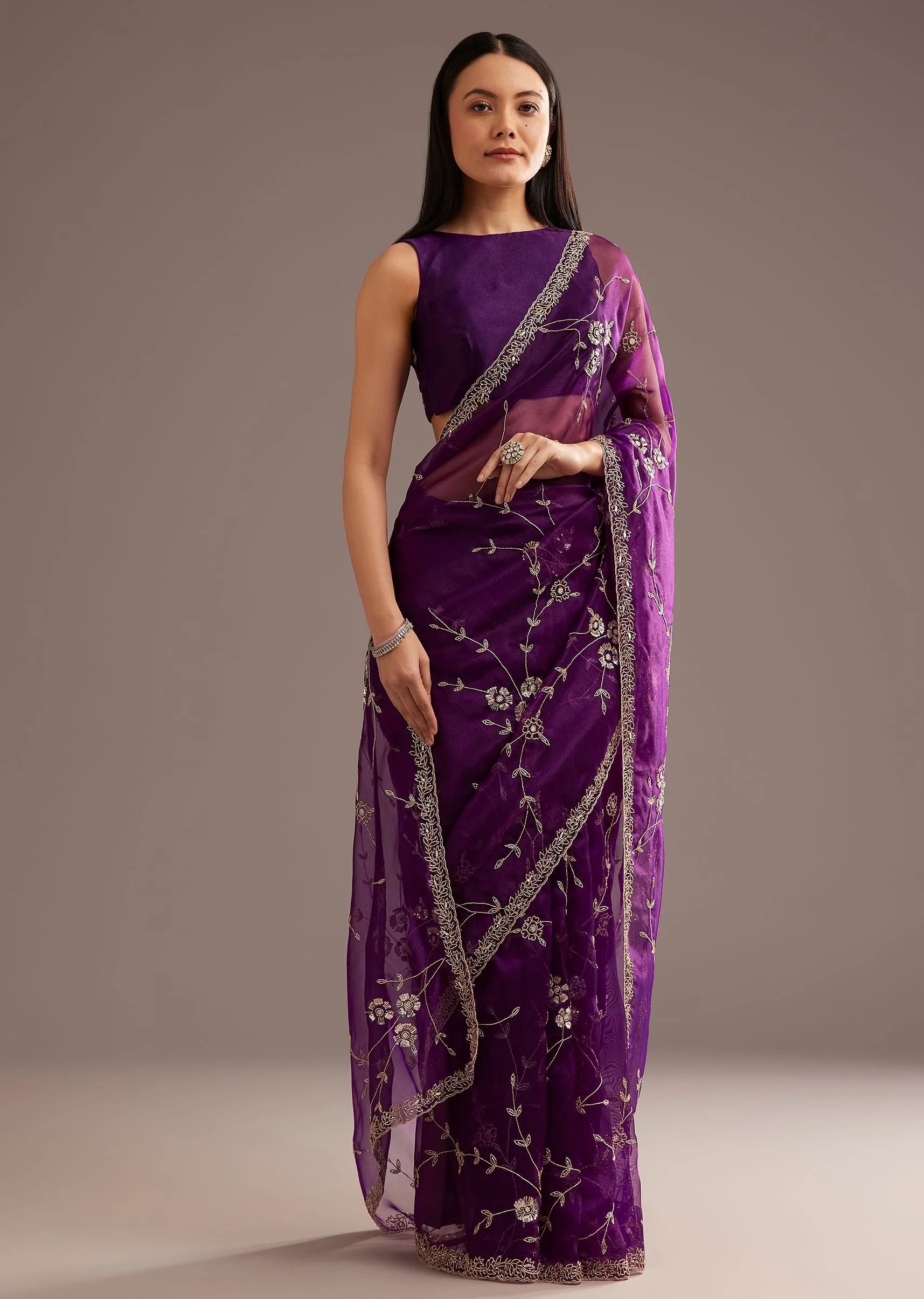 Purple Organza Tissue Ready To Wear Saree With Sequins And Cutdana Jaal