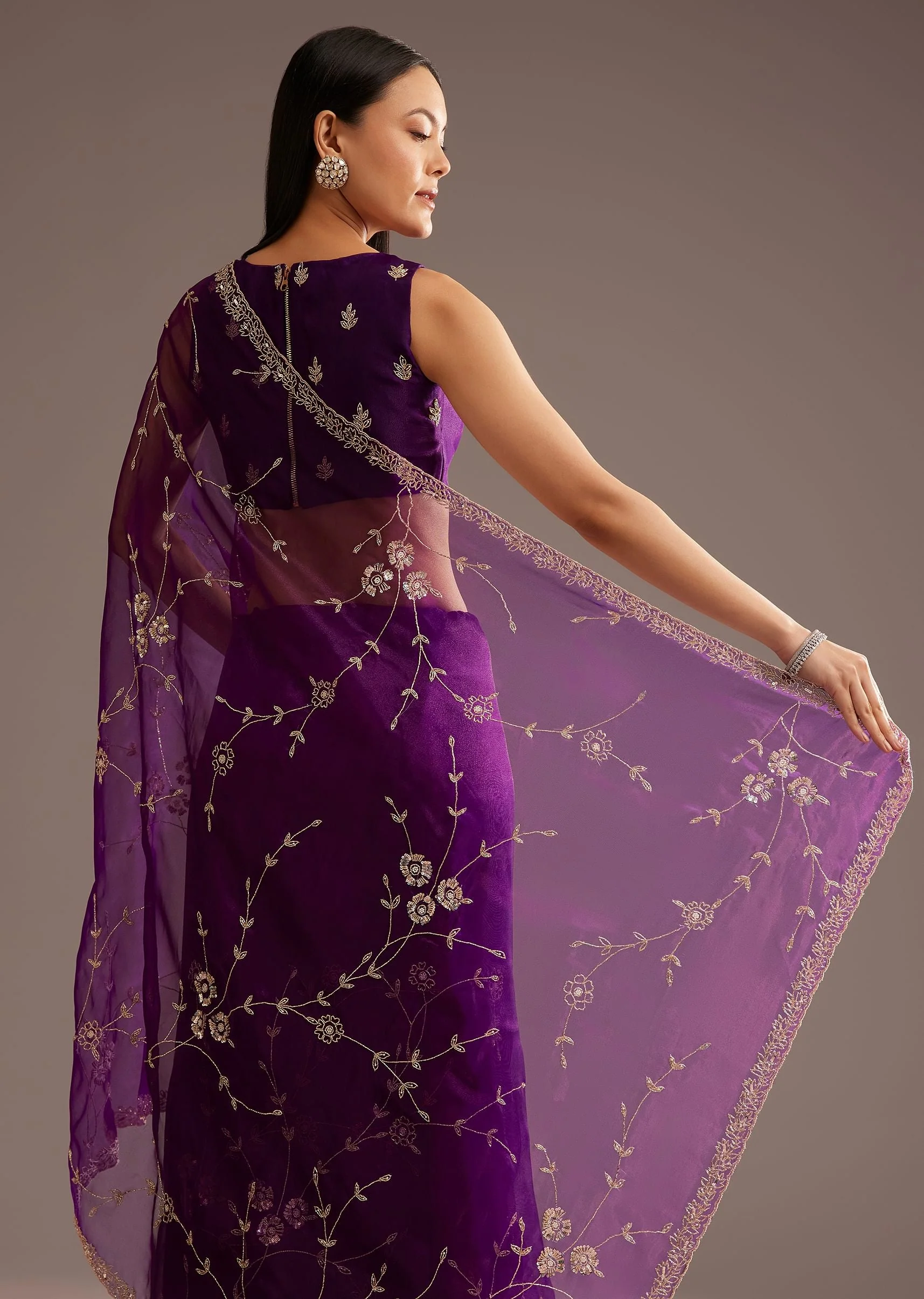 Purple Organza Tissue Ready To Wear Saree With Sequins And Cutdana Jaal