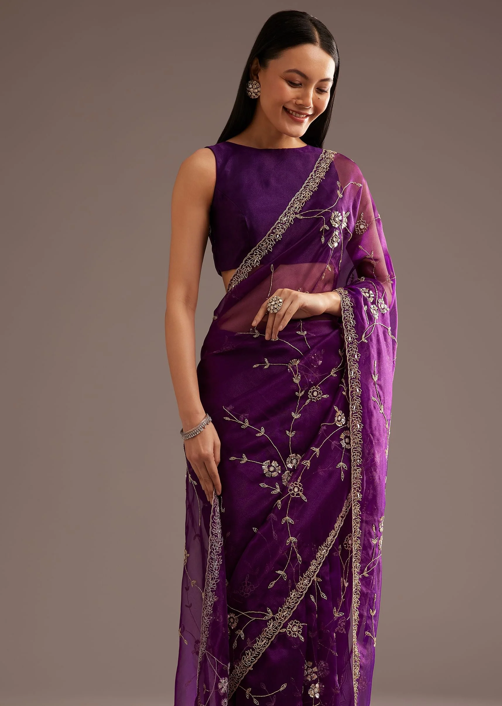 Purple Organza Tissue Ready To Wear Saree With Sequins And Cutdana Jaal