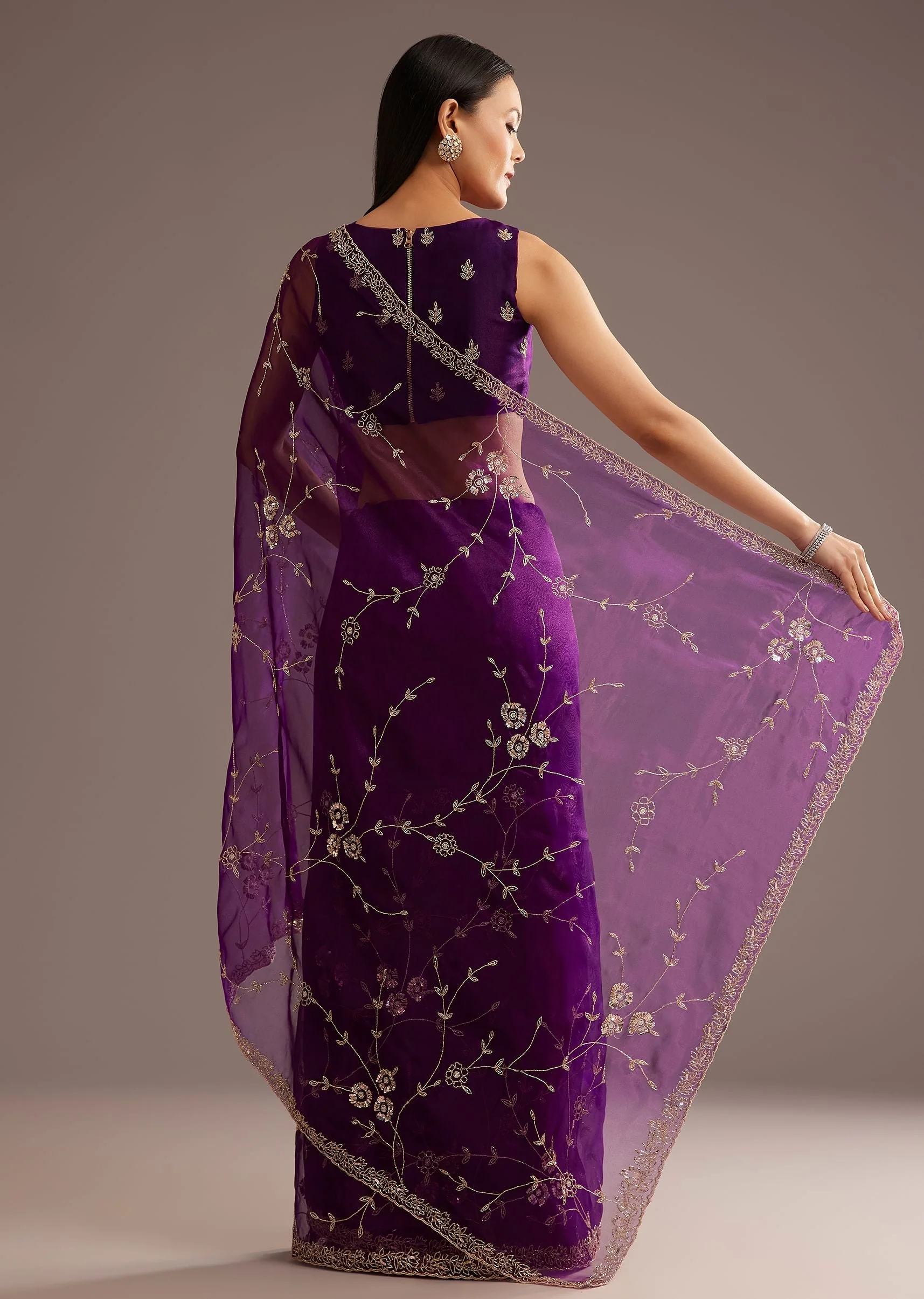 Purple Organza Tissue Ready To Wear Saree With Sequins And Cutdana Jaal