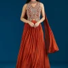 Rust Embellished Crop Top Skirt Set With Dupatta