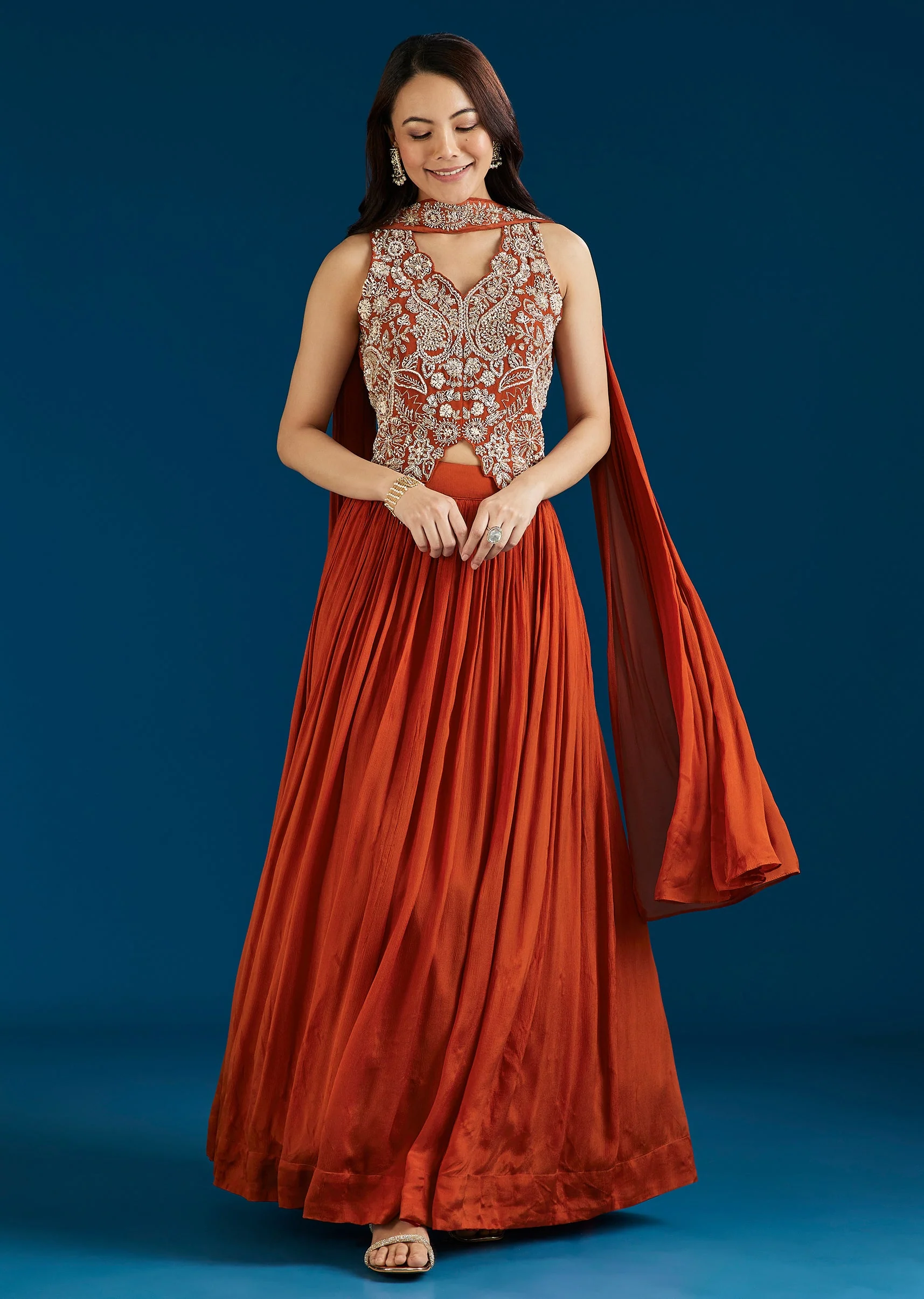 Rust Embellished Crop Top Skirt Set With Dupatta