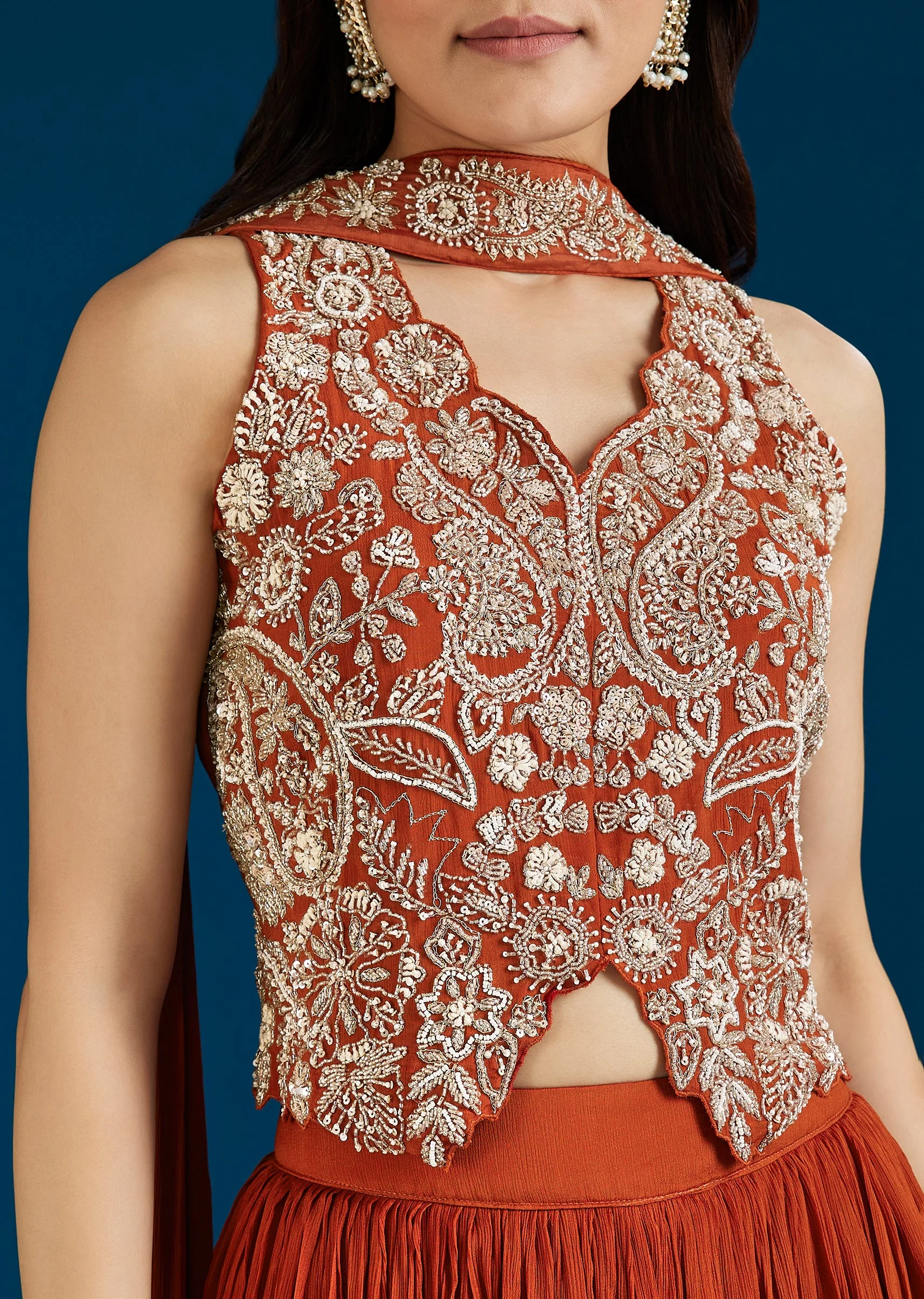 Rust Embellished Crop Top Skirt Set With Dupatta