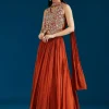 Rust Embellished Crop Top Skirt Set With Dupatta