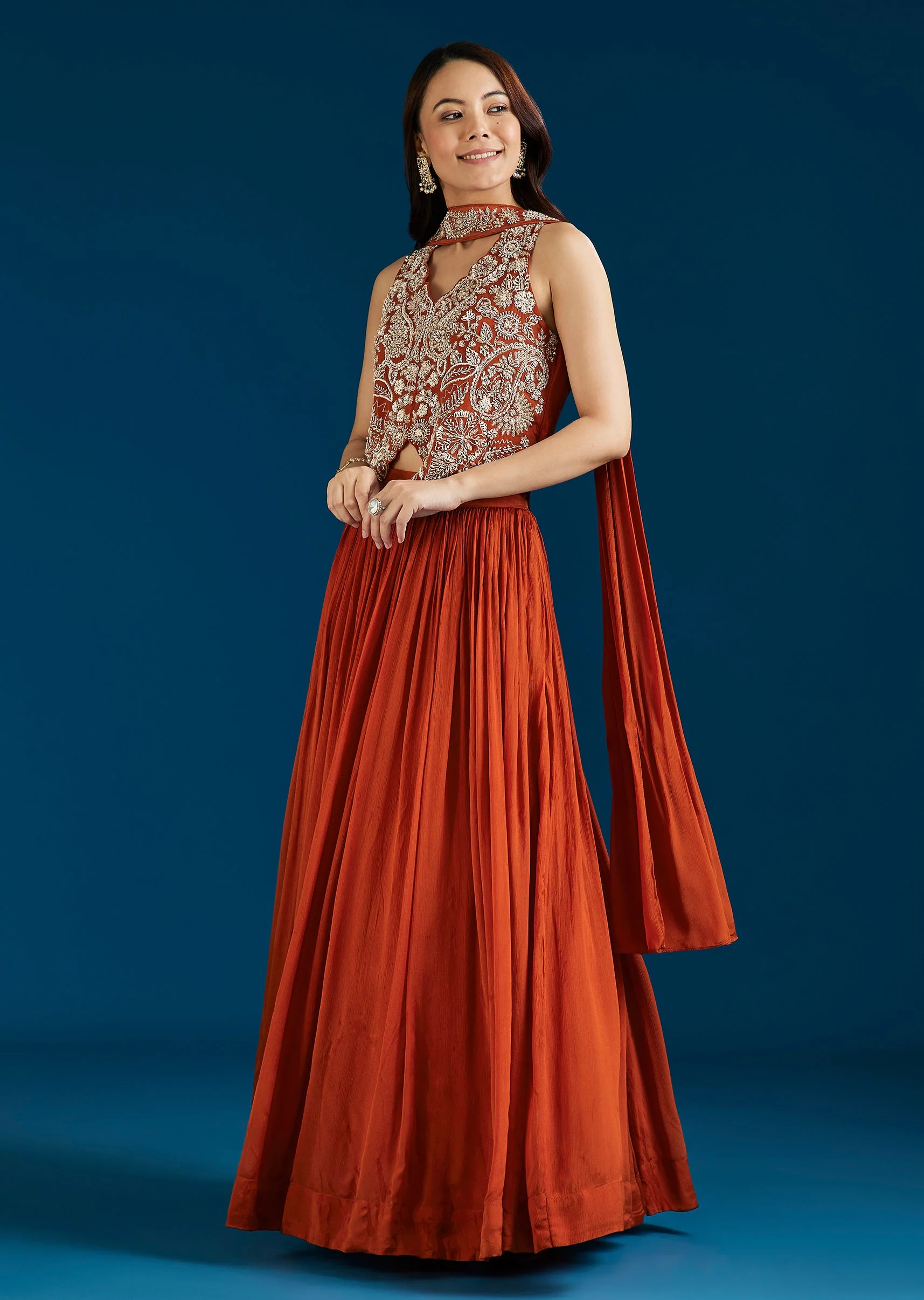 Rust Embellished Crop Top Skirt Set With Dupatta